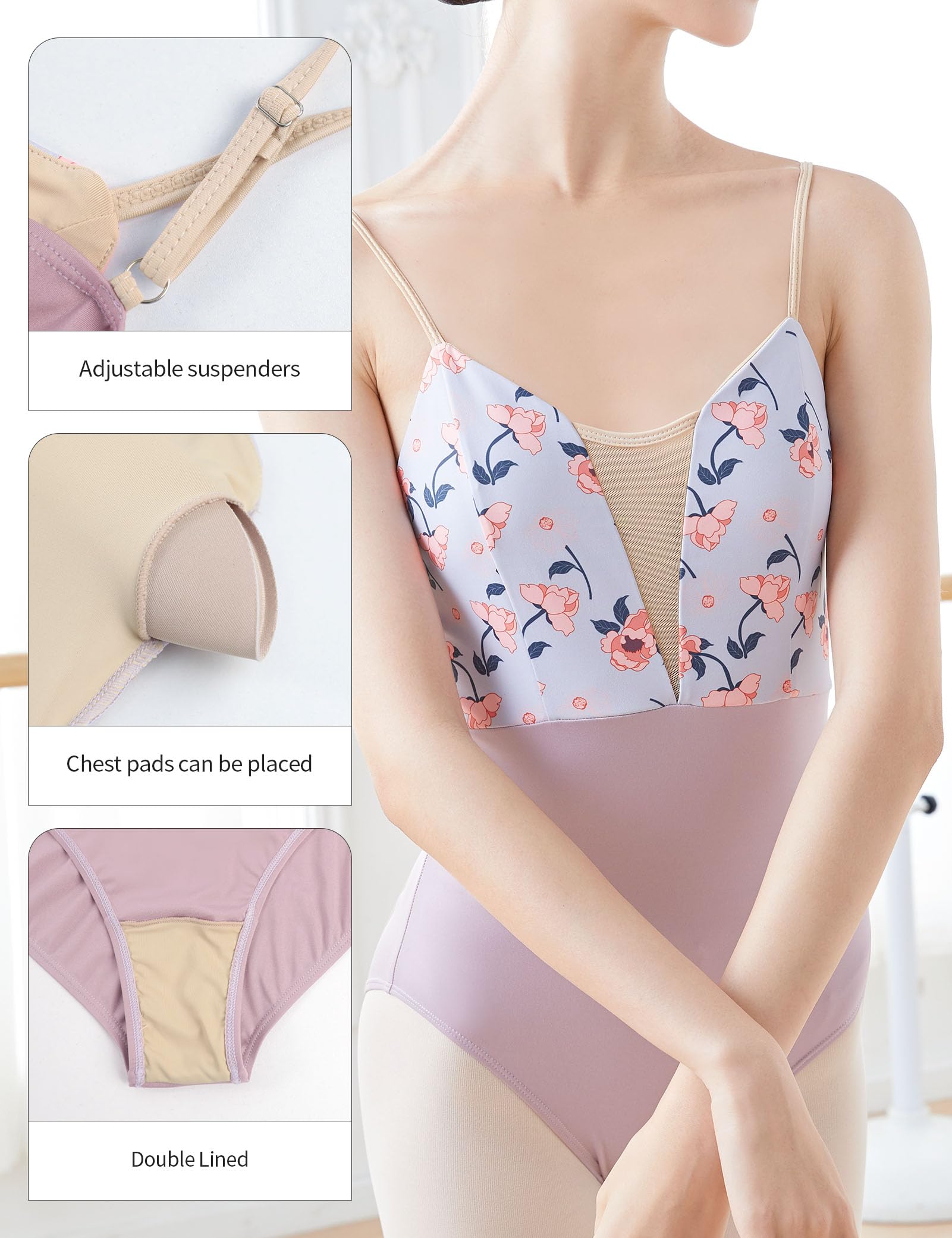 Cuulrite Women's Ballet Leotard - Backless Camisole Dance Bodysuit with Floral Print, Light Purple, Medium - Perfect for Ballet Class, Contemporary Dance & Performance