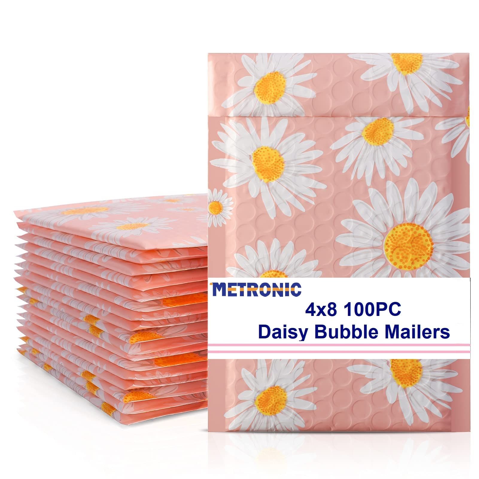 Metronic 4x8 Inch Pink Bubble Mailers 100-Pack - Small Self-Seal Padded Envelopes with Daisy Design for Shipping, Mailing & Ecommerce Packaging - Perfect for Jewelry, Crafts, Small Items & Online Store Shipments