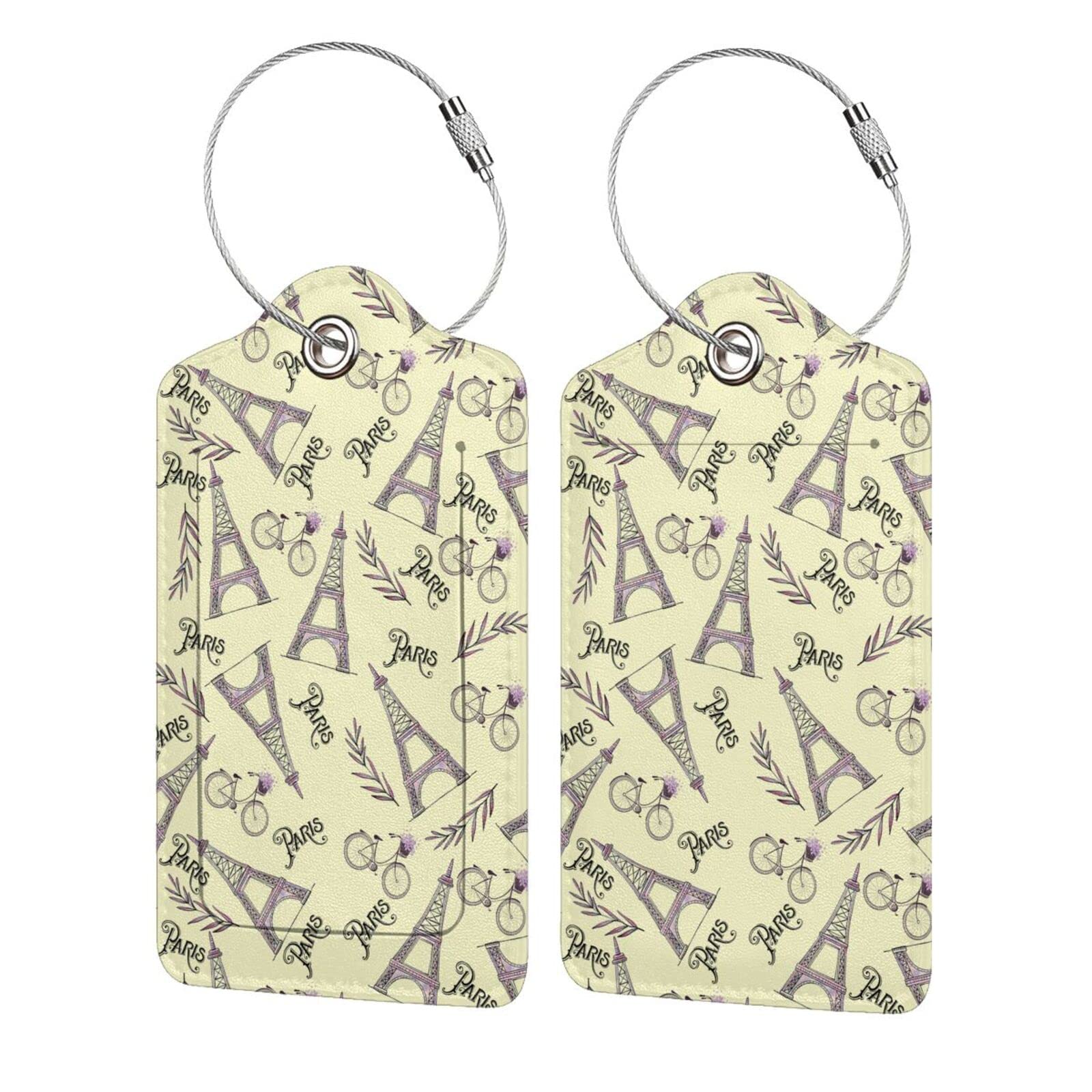 2 Pack Paris Eiffel Tower PU Leather Luggage Tags with Stainless Steel Loop - Stylish Travel ID Tags with Privacy Cover for Suitcases, Bags & Backpacks - Perfect Gift for Women, Men & Kids - Ideal for Air Travel, Vacations & Business Trips