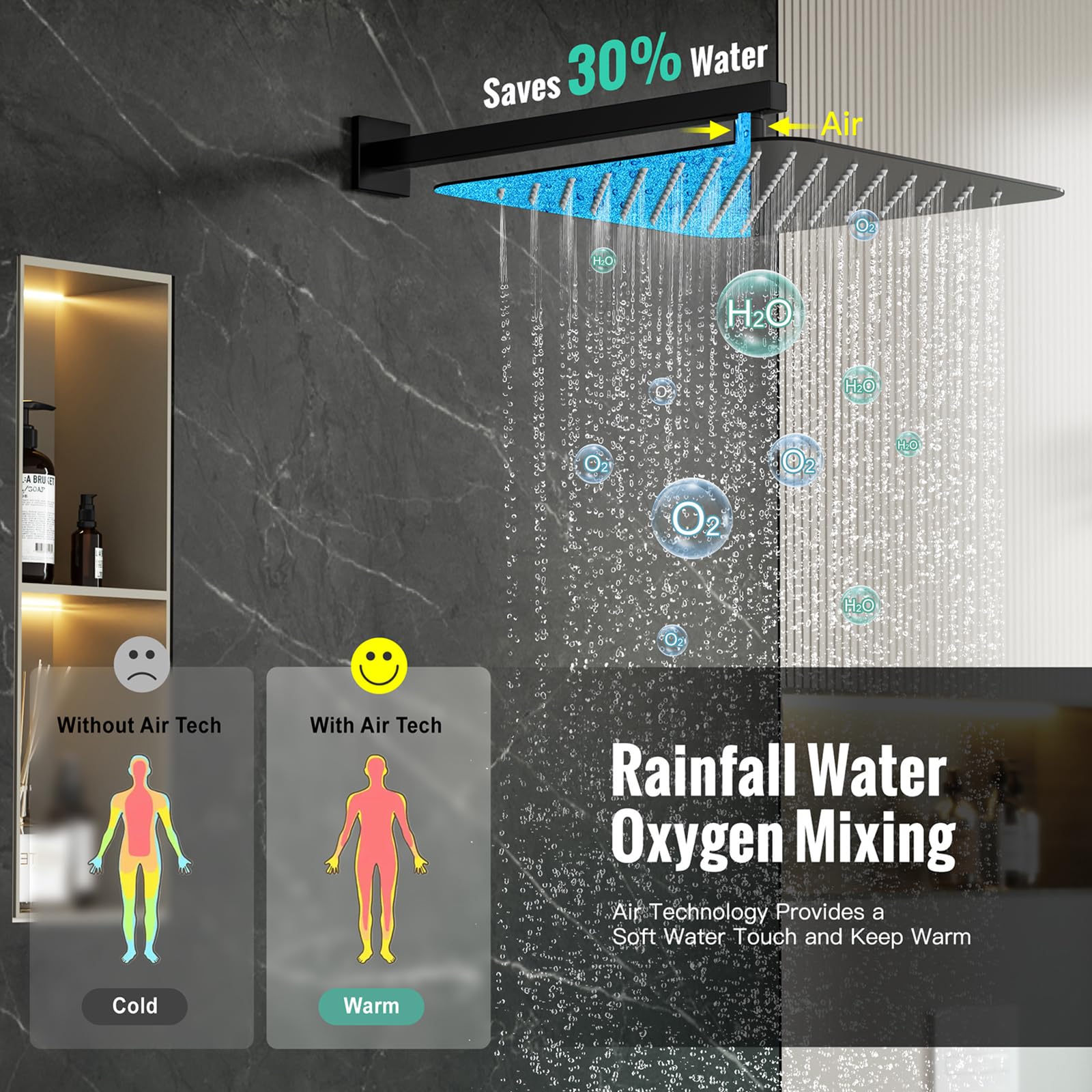 SR SUN RISE Matte Black Square Rainfall Shower Head and Handle Set - 16 Inch Wall Mounted Shower Fixtures with Metal Faucet Trim & Valve | Perfect for Bathroom Renovation & Spa-Like Shower Experience