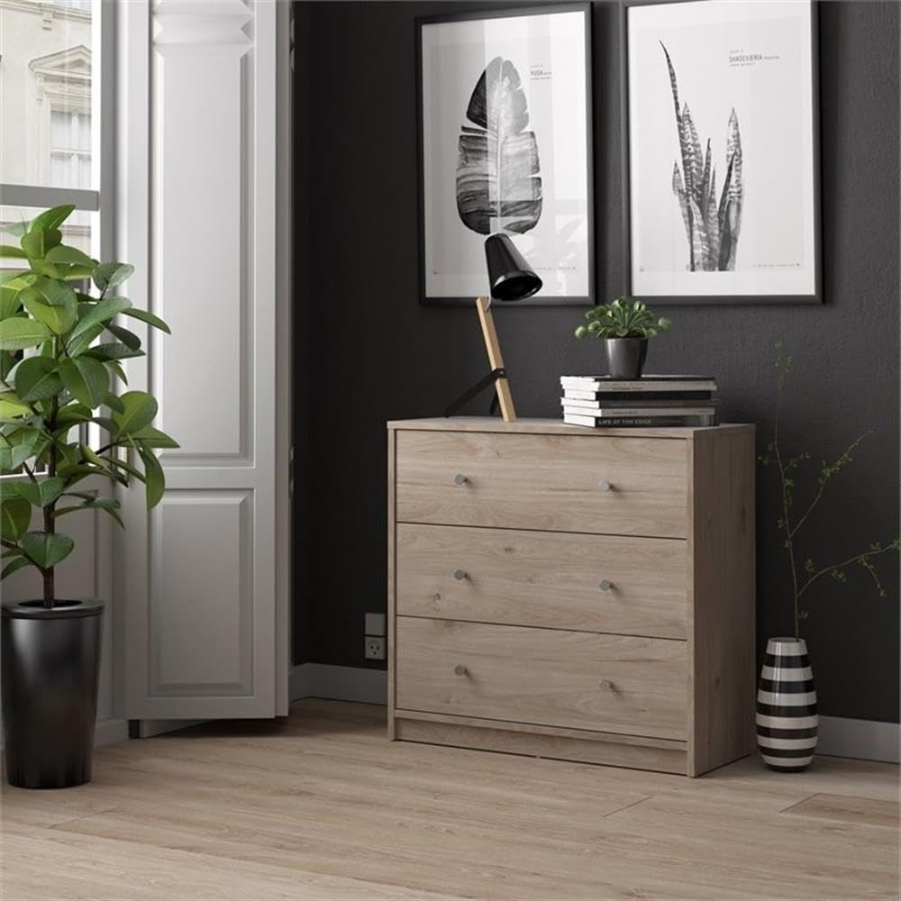 Scandinavian 4-Piece Bedroom Furniture Set with 6-Drawer Dresser, 3-Drawer Chest & Nightstands - Modern Pewter Handles, Smooth Glides - Jackson Hickory Finish for Cozy Bedroom Decor