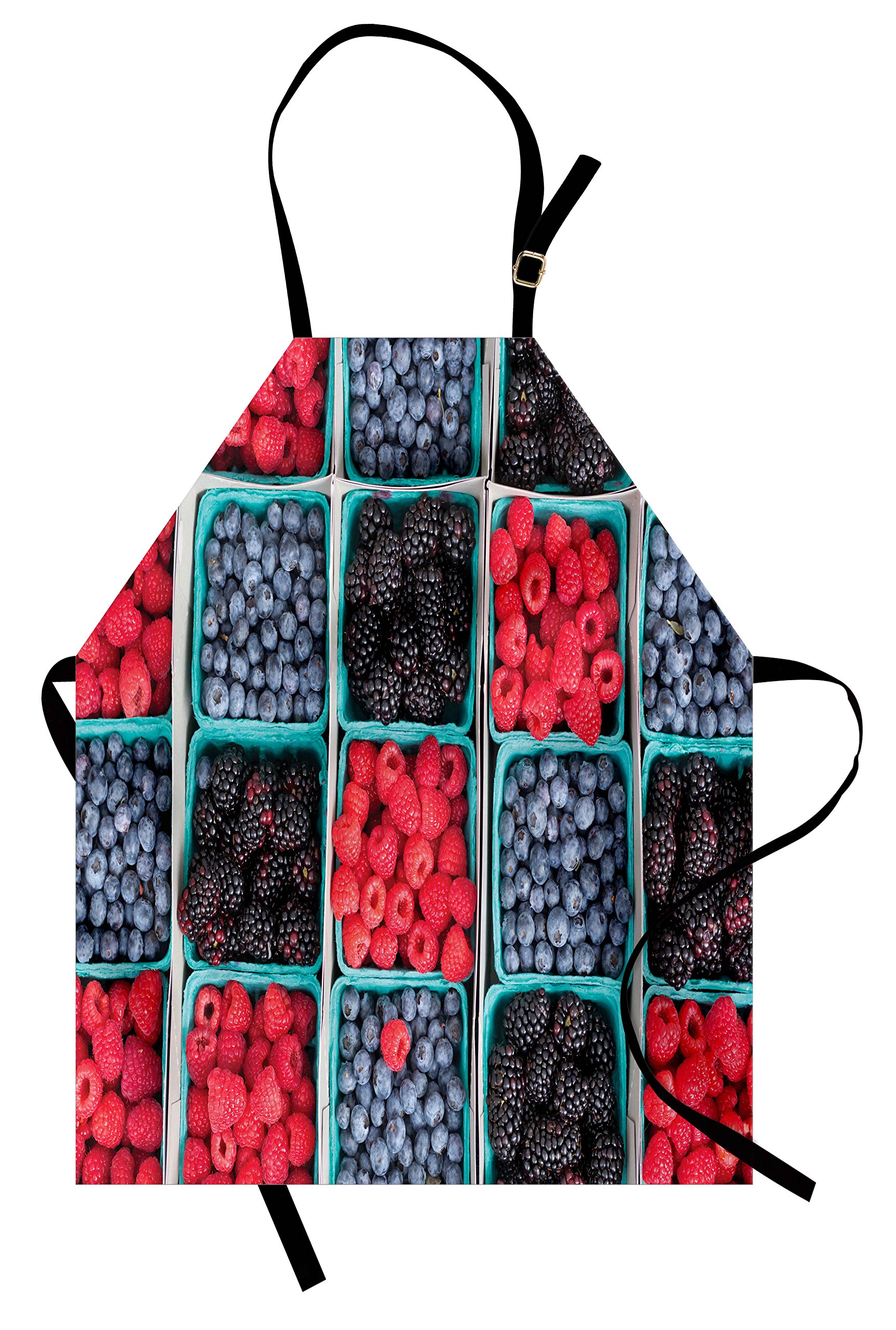 Lunarable Fruits Apron - Adjustable Unisex Kitchen Bib with Strawberry Raspberry Berry Basket Print for Cooking, Baking & Gardening - Farmers Market Design in Blue Scarlet - Perfect for Home Chefs, BBQ Parties & Outdoor Activities