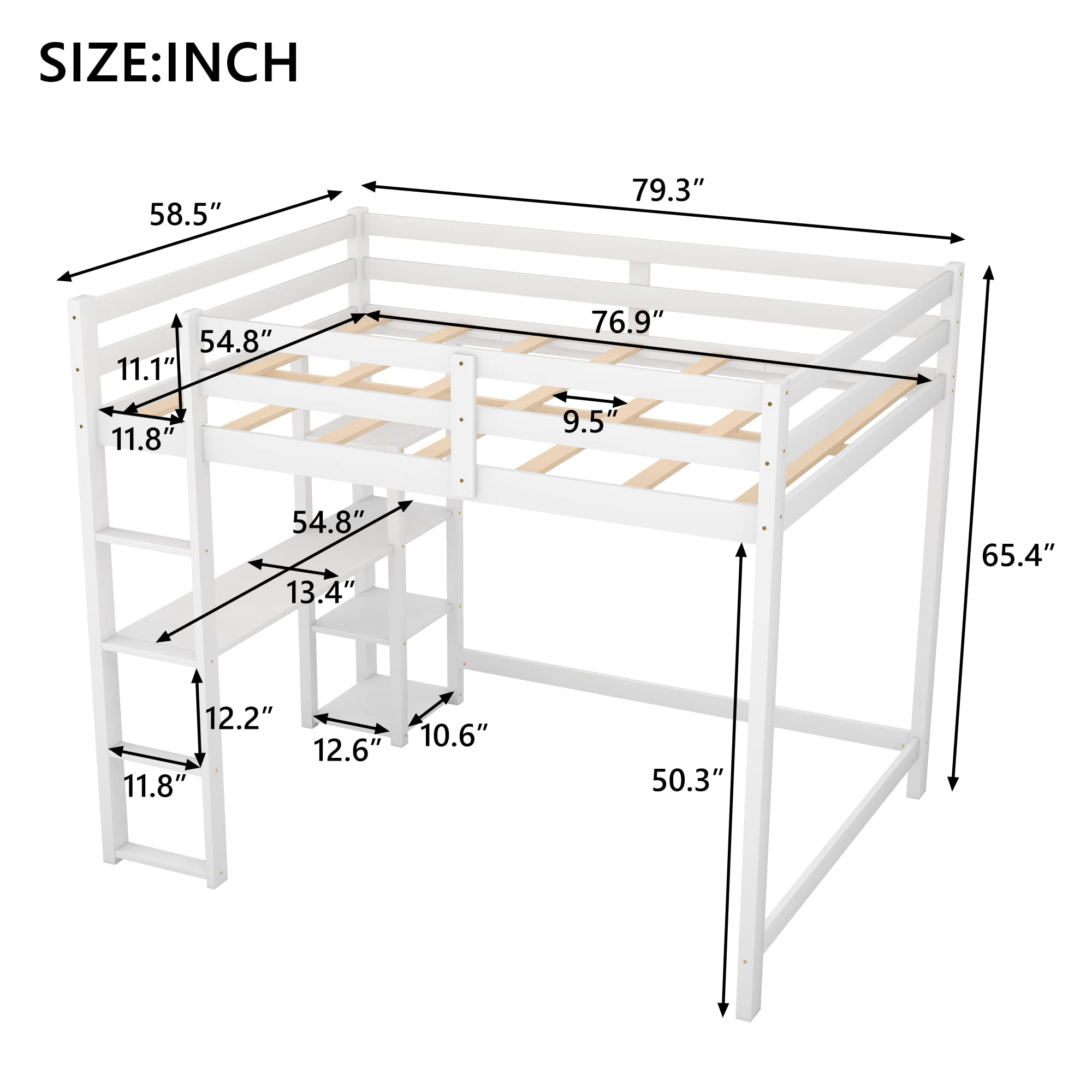 SOFTSEA Full Size Loft Bed with Storage Shelves & Under Bed Desk - Solid Wood Space Saving Bed Frame for Kids, Teens & Juniors - Perfect for Small Bedrooms, Dorms & Studio Apartments (White)