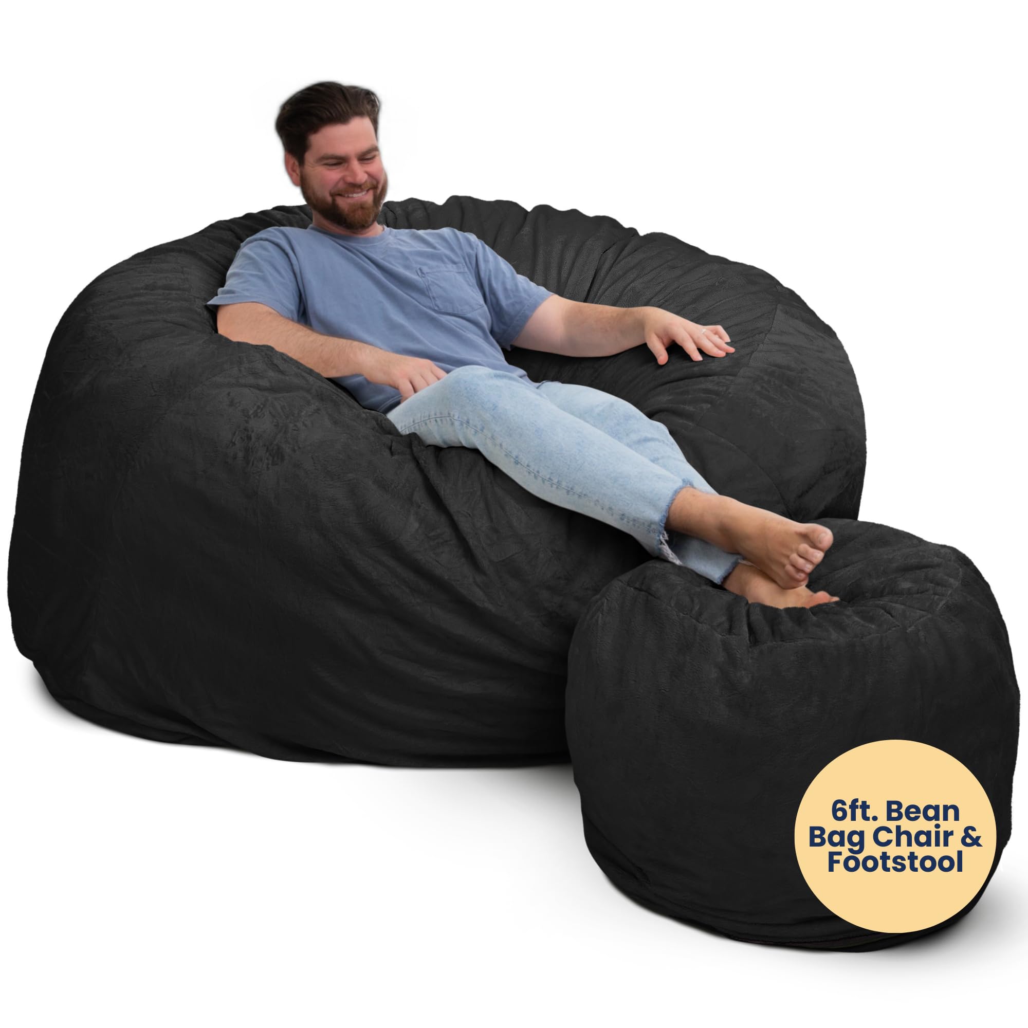 ULTIMATE SACK 6ft Oversized Bean Bag Chair with Footstool - Premium Comfort for Adults | Charcoal Fur Lounge Furniture | Perfect for Living Room, Game Room & Dorm Relaxation
