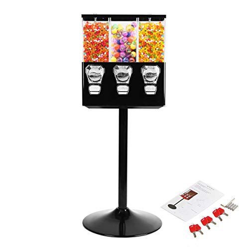 BEAMNOVA Commercial Candy Vending Machine with 3 Containers - Gumball Bank with Lock & Keys - Accepts 25 Cent Coins - Holds 0-32mm Candies & Capsules - Perfect for Retail Stores, Arcades & Birthday Parties - Black Top Stand Dispenser