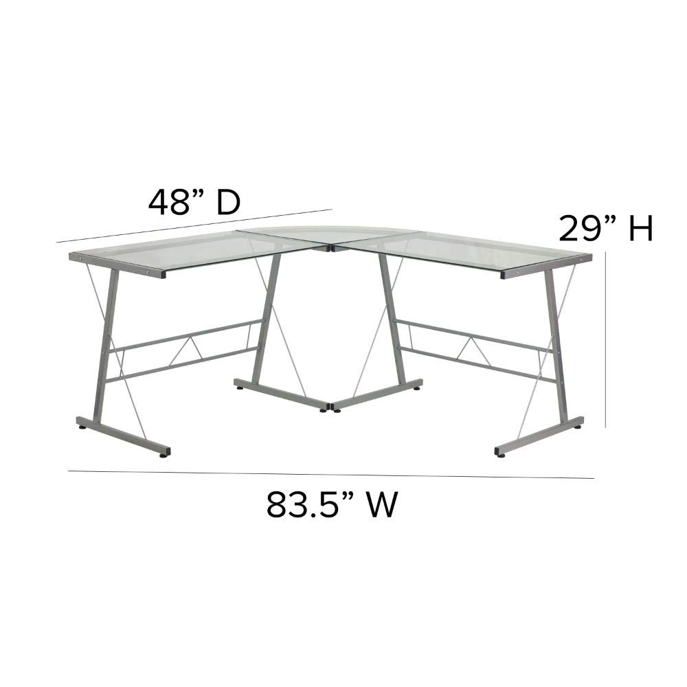 Flash Furniture Modern Glass L-Shaped Computer Desk with Sturdy Silver Metal Frame - Perfect for Home Office, Gaming Setup & Small Workspaces