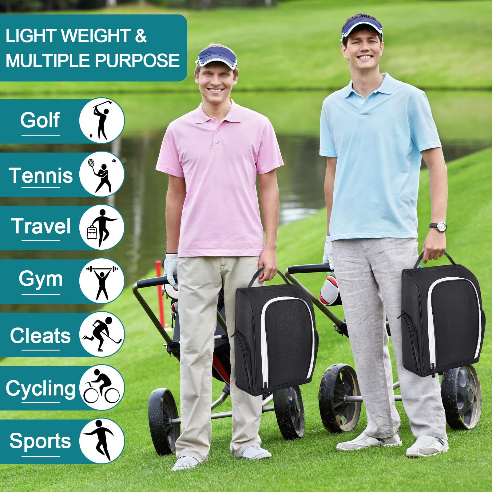 Funtery 2-Pack Golf Shoe Travel Bags - Zippered Sports Shoe Carrier with Ventilation & Exterior Pocket for Golf Balls, Tees & Socks - Durable Golf Accessories for Men & Women - Perfect for Travel, Gym & Golf Course Use