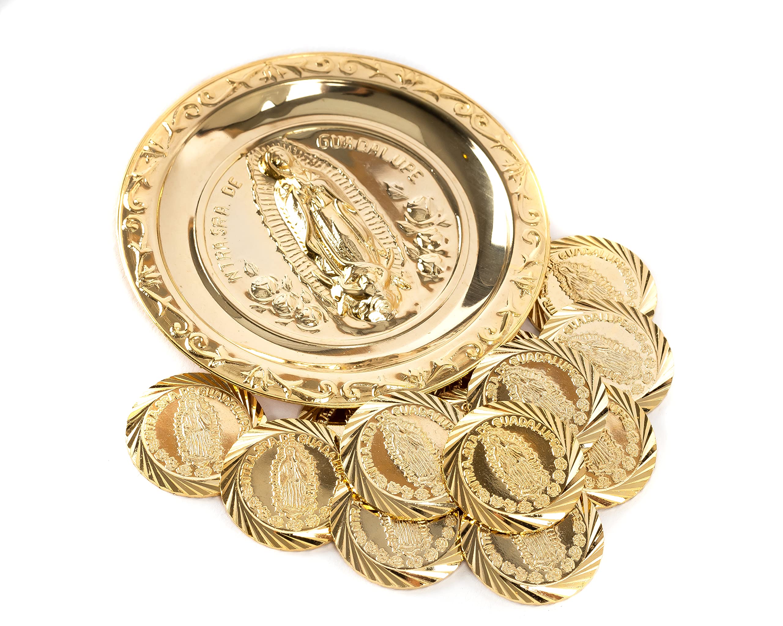 Wedding Unity Coins Set - Classic Gold-Plated Ceremony Arras with White Decorated Case & Our Lady of Guadalupe Tray - Perfect for Catholic Weddings, Vow Renewals, and Anniversary Celebrations