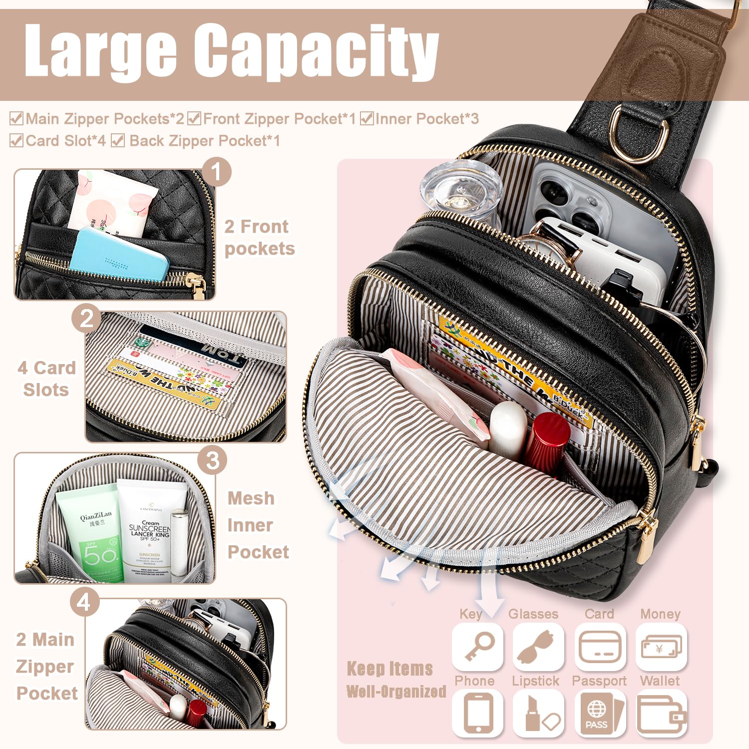 Stylish Weitars Leather Crossbody Sling Bag for Women - Fashionable Fanny Pack Waist Bag with Adjustable Strap for Travel, Sports & Daily Use (Black) - Perfect for Gym, Running, Shopping & Outdoor Activities