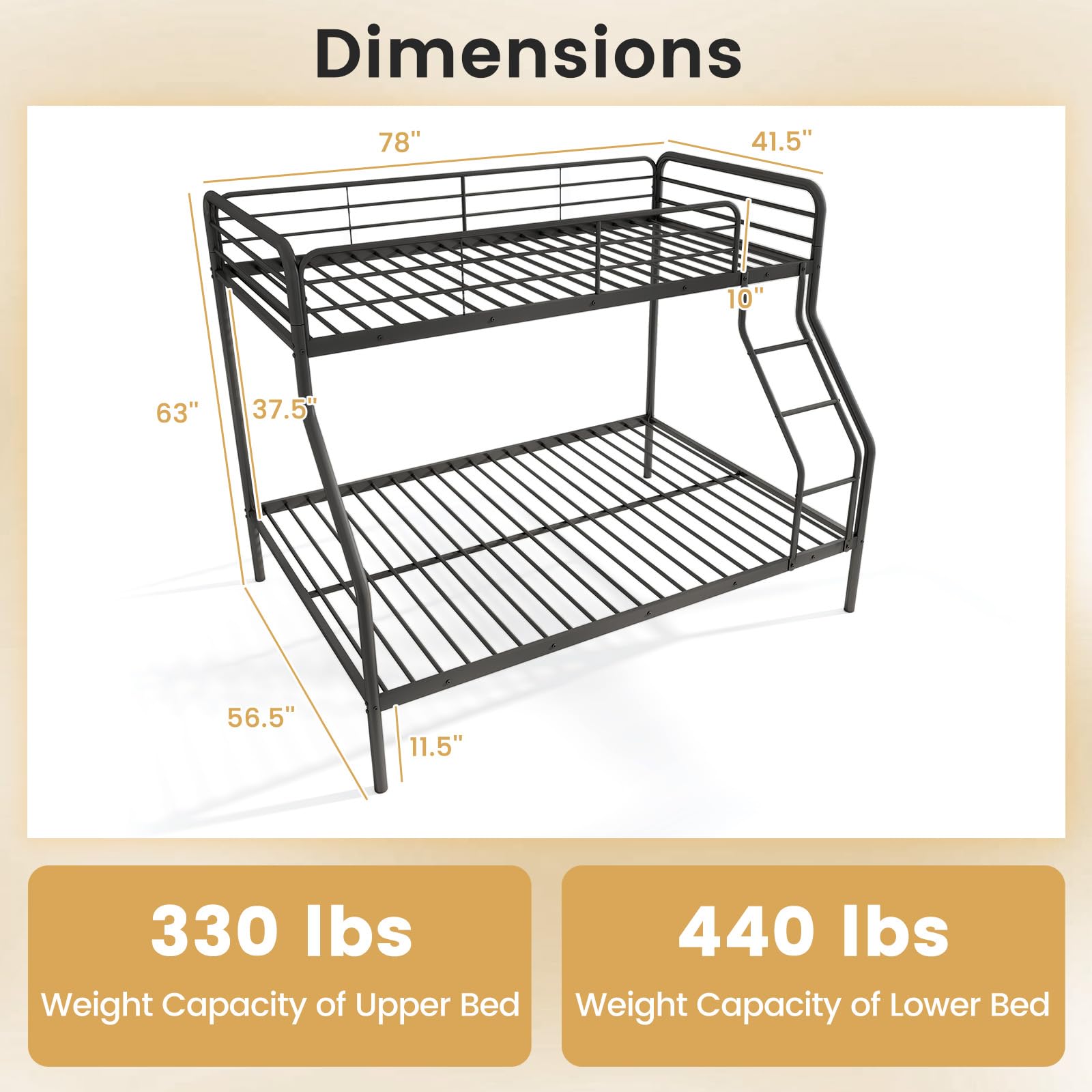 Giantex Heavy Duty Metal Bunk Bed Twin Over Full Size for Teens & Adults - Sturdy Space Saving Bunk Bed with Ladder & Safety Guardrails - Perfect for Dorm Rooms, Small Bedrooms, Apartments & Guest Rooms (Black) - No Box Spring Needed