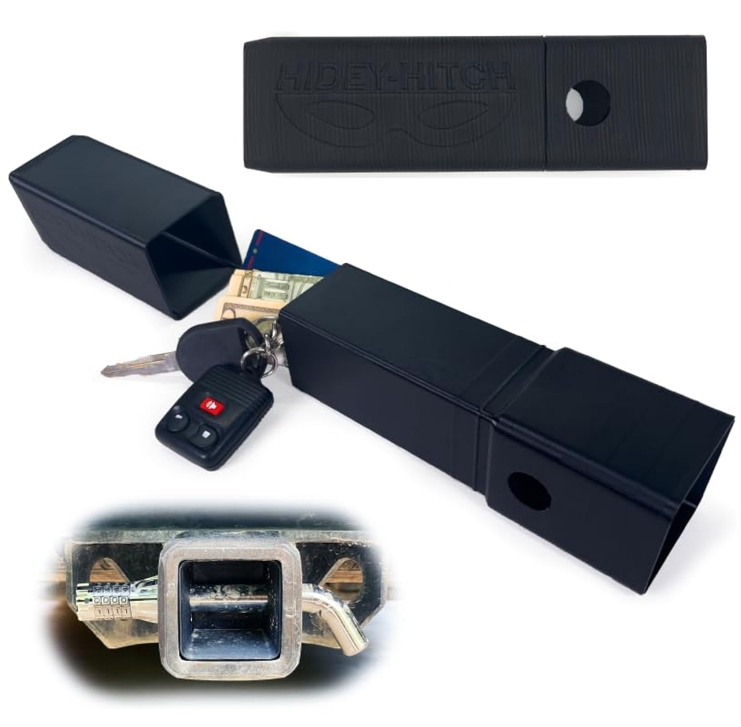 Hidey-Hitch Hidden Key Storage for Trailer Hitch Receiver - Secure & Recessed Key Fob Holder, Money Safe - Perfect for Outdoor Adventures, RV Travel & Emergency Spare Key Storage