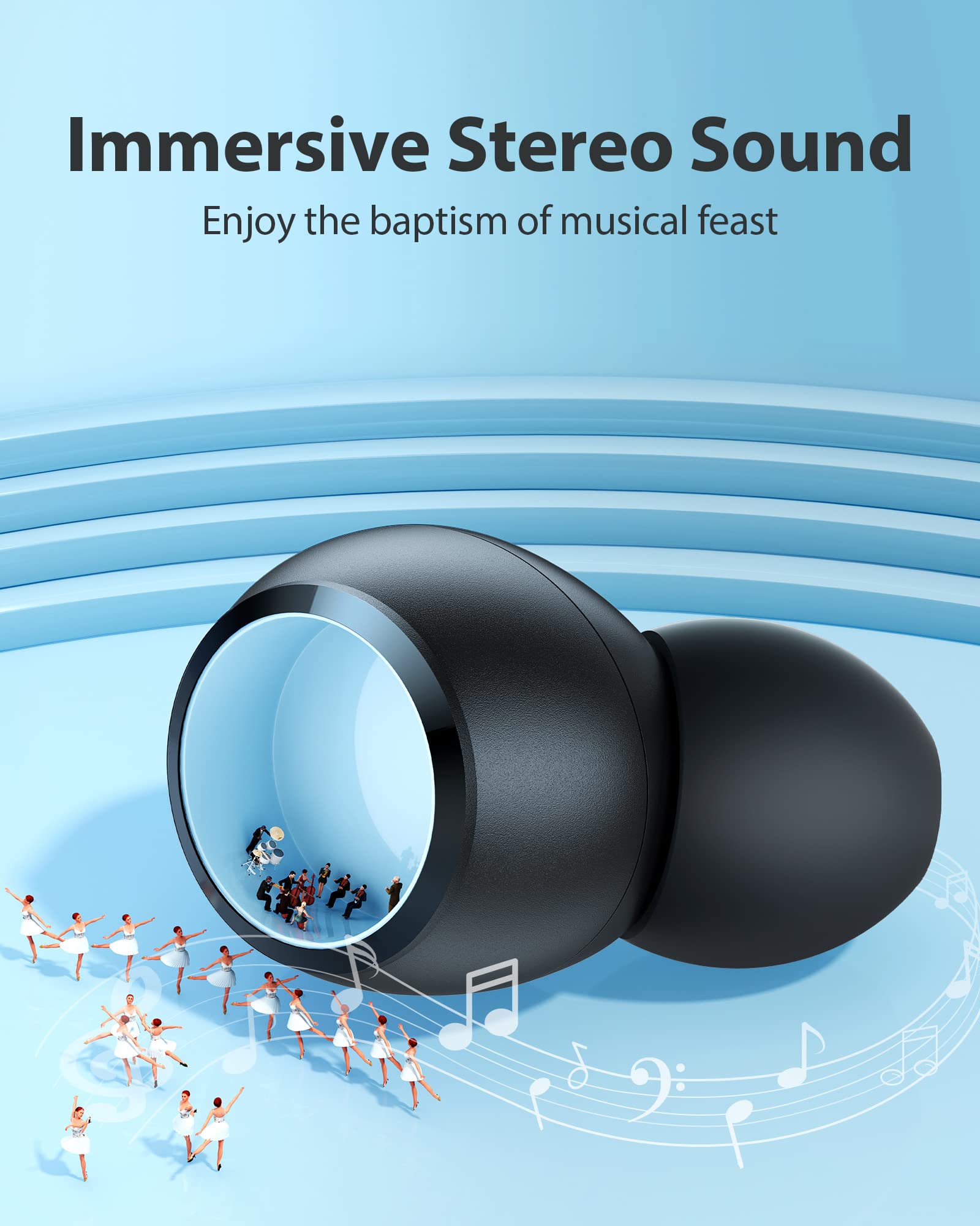 Bluetooth 5.0 Wireless Earbuds with Built-in Mic - 35Hrs Playtime, IPX5 Waterproof, Premium Stereo Sound, Mini In-Ear Headphones with Charging Case (Black) - Perfect for Workouts, Commuting & Travel