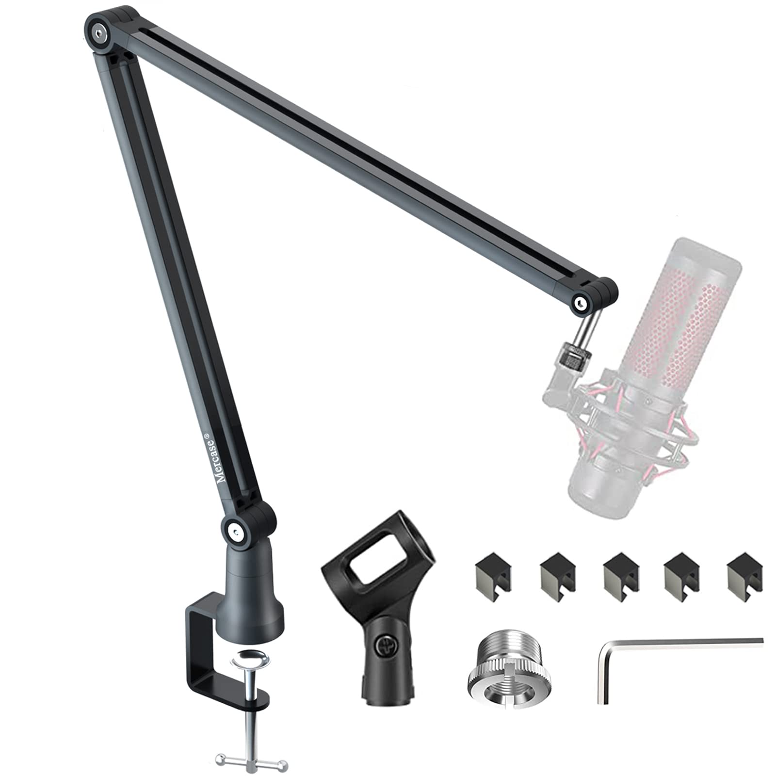 Foldable Metal Microphone Boom Arm Stand with Desk Clamp - Adjustable Scissor Mic Arm for Blue Yeti, Snowball, HyperX QuadCast - Hidden Cable Trough & 3/8