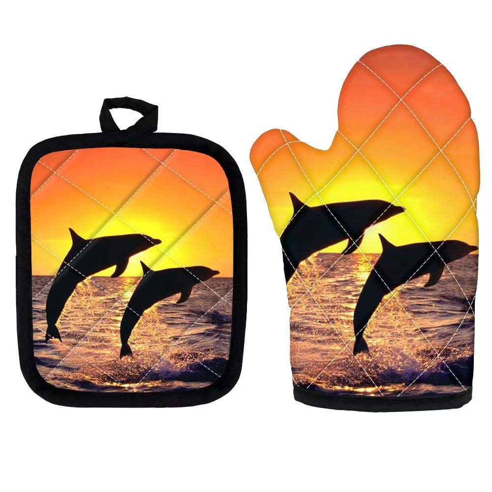 Dellukee Heat Resistant Oven Mitts and Pot Holders Set - Dolphin Print Kitchen Gloves for Baking, Cooking, Grilling & BBQ - Perfect for Microwave Use, Oven Safety and Hot Dish Handling