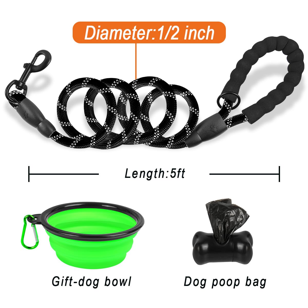 **BARKBAY Heavy Duty Dog Leash for Large Dogs - 5FT Reflective Padded Handle Leash for Walking, Training & Running - Durable & Comfortable for Medium to Large Breeds (Black, 1/2'') - Perfect for Night Walks & Outdoor Adventures**