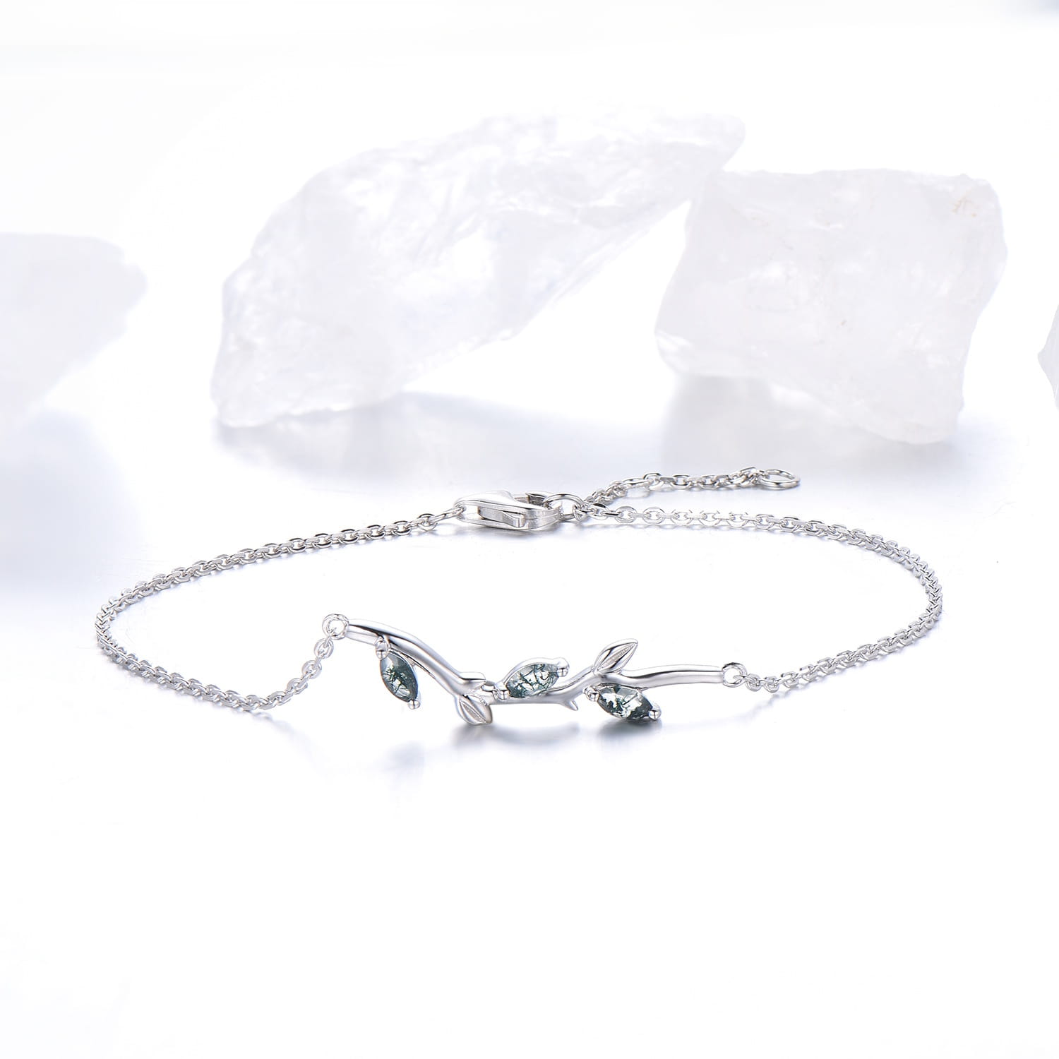 Elegant Marquise Cut Moss Agate Bracelet with Leaf Vine Design - Green Crystal Nature-Inspired Stackable Bracelet for Women | Perfect Anniversary Gift, Boho Jewelry for Everyday Wear & Special Occasions