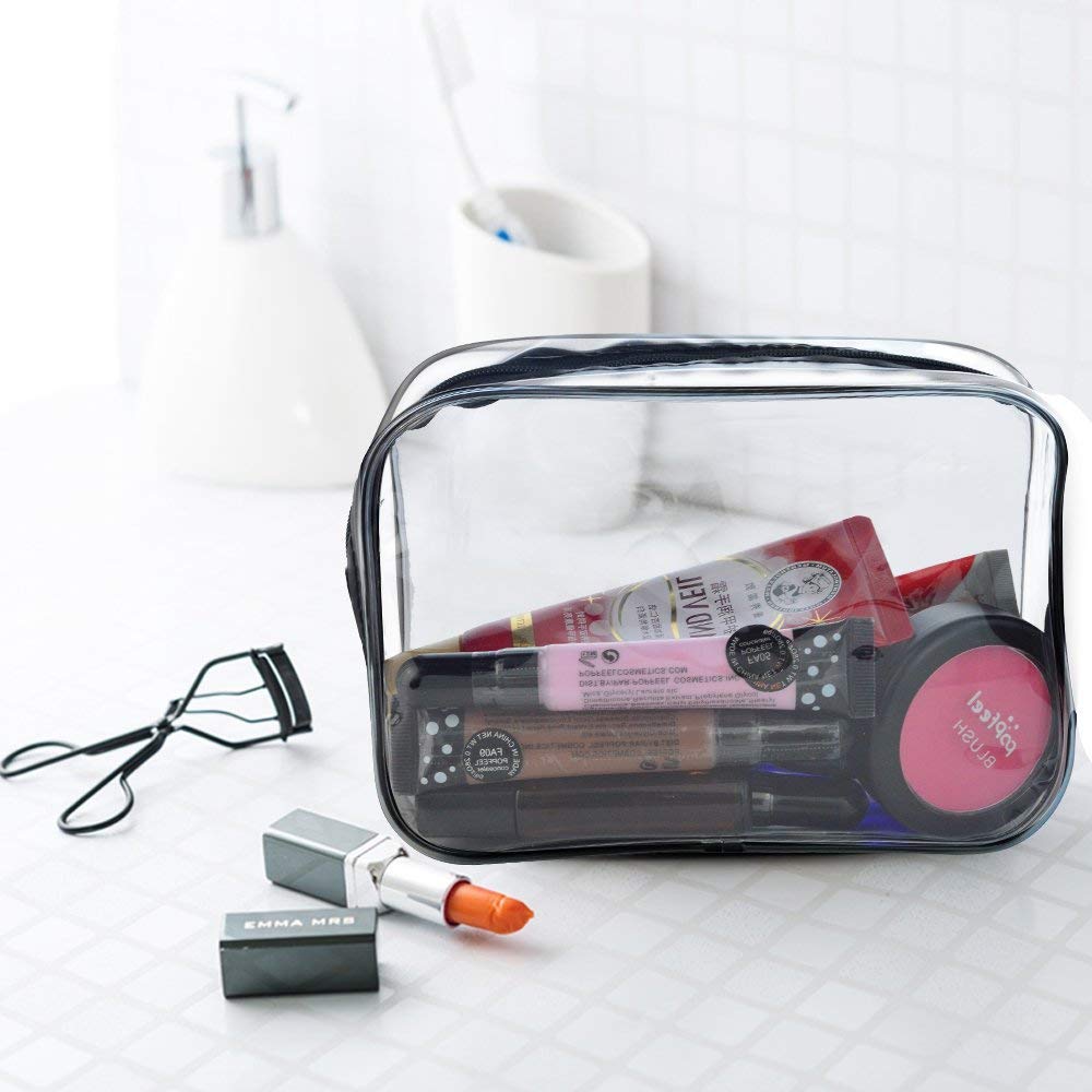 PrettyKrafts 3-Pack Clear Toiletry Bags for Travel - Waterproof Cosmetic & Makeup Organizer Pouch Set for Women & Men - Perfect for Airplane Carry-On, Gym, Camping & Vacation Essentials (Black)