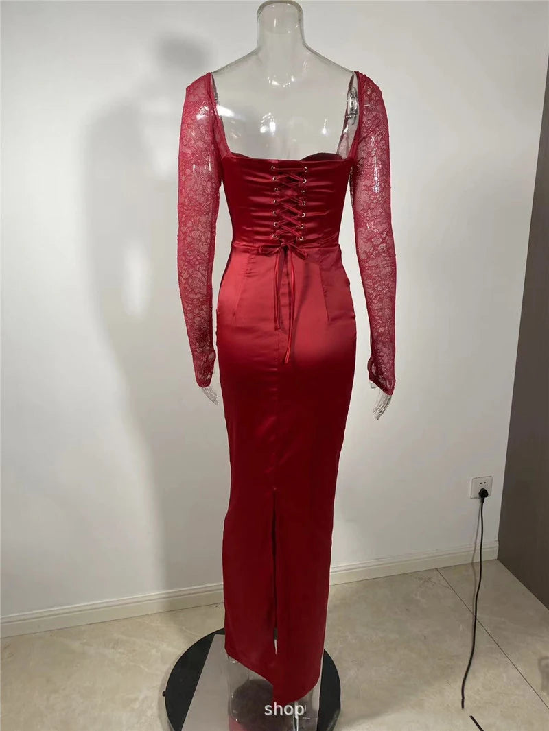 Sexy Backless Long Sleeve Maxi Dress for Women - Solid Square Neck Lace-Up Back Bodycon Club Dress with High Slit | Elegant Evening Wear for Parties, Date Nights & Special Occasions
