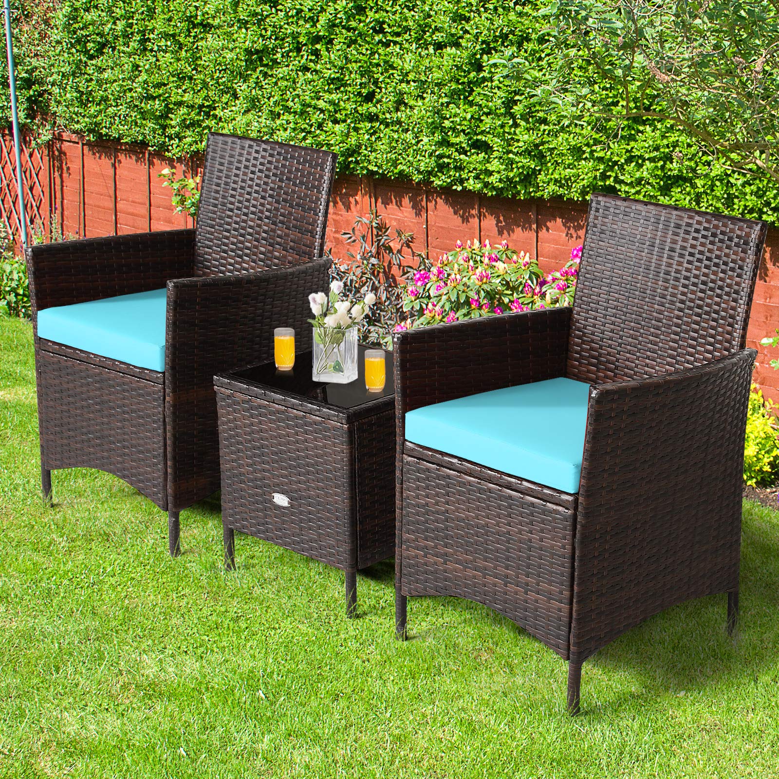 HappyGrill 3-Piece Patio Furniture Set - Rattan Wicker Bistro Set with Glass Coffee Table & Cushions, Outdoor Conversation Set for Garden, Lawn, Poolside, Backyard | Perfect for Relaxing, Entertaining & Outdoor Dining