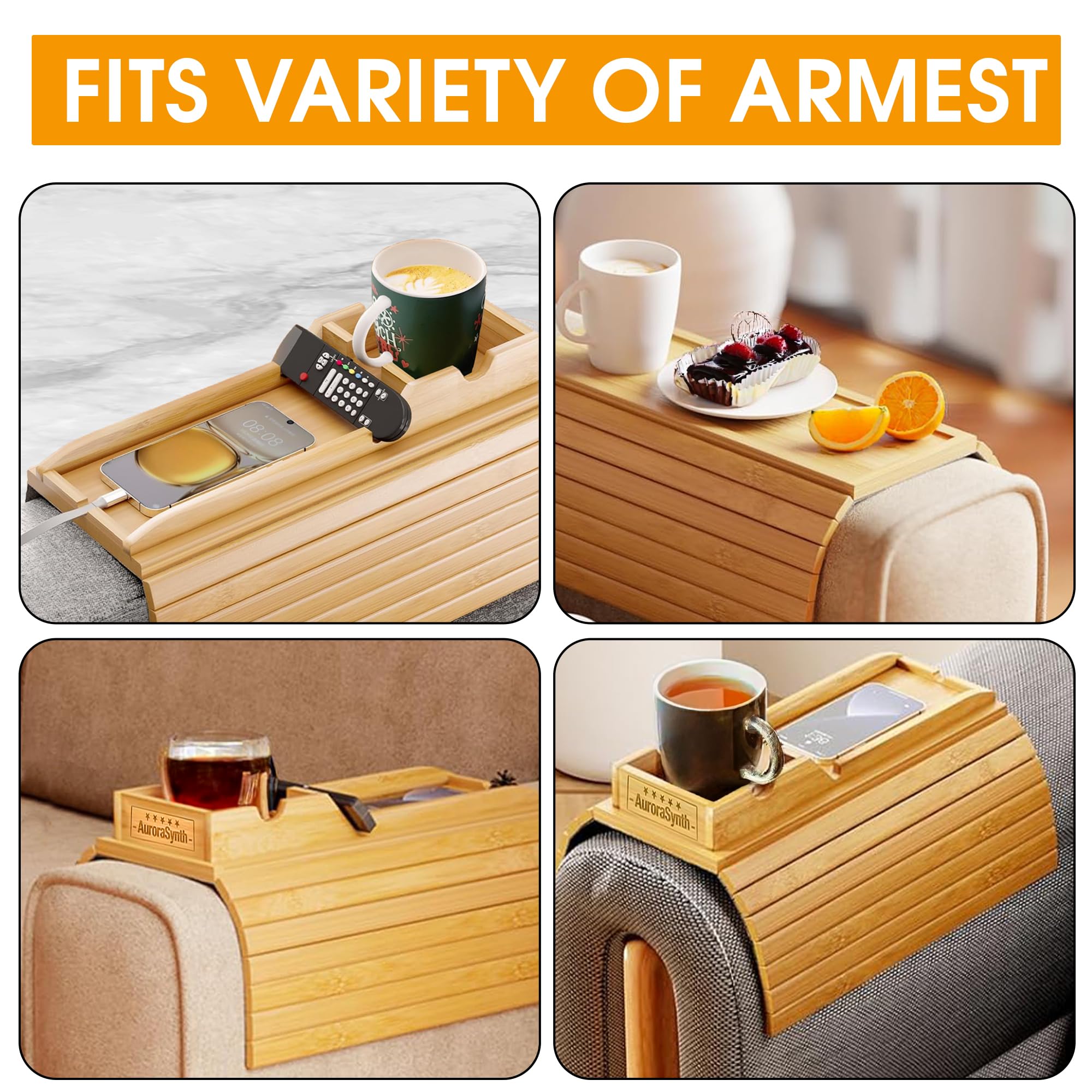 Foldable Bamboo Sofa Armrest Tray with 2 Cork Coasters & Anti-Slip Design - Spill-Proof Holder for Remote, Phone, Drinks & Snacks - Perfect for Living Room, Bedroom & Home Theater Relaxation
