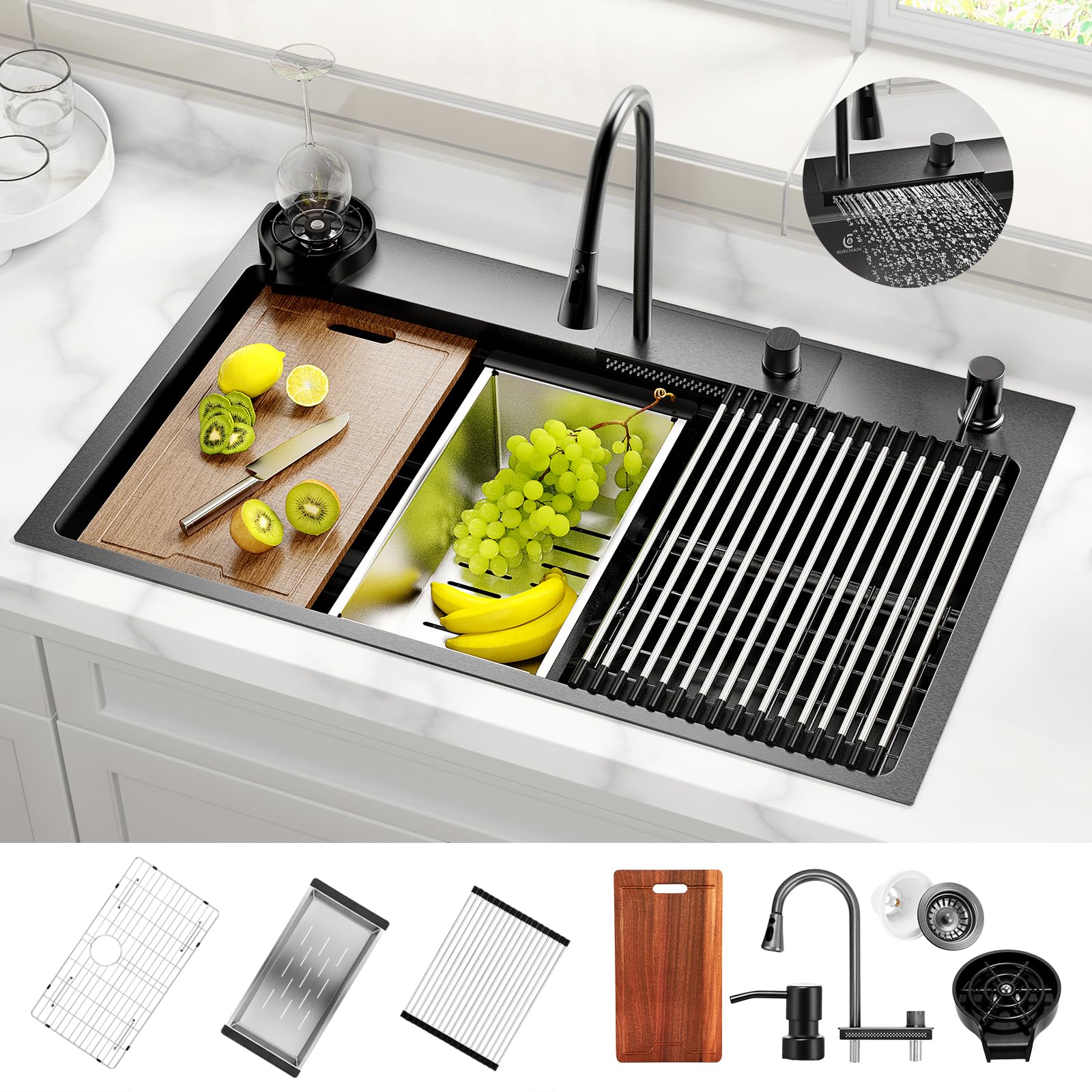 33x22 Inch Black Drop-in Single Bowl Kitchen Sink with Faucet - 16 Gauge Stainless Steel Luxury Workstation Includes 8 Accessories (Glass Rinser & Soap Dispenser) - Perfect for Modern Kitchens, Restaurants & Food Prep Areas