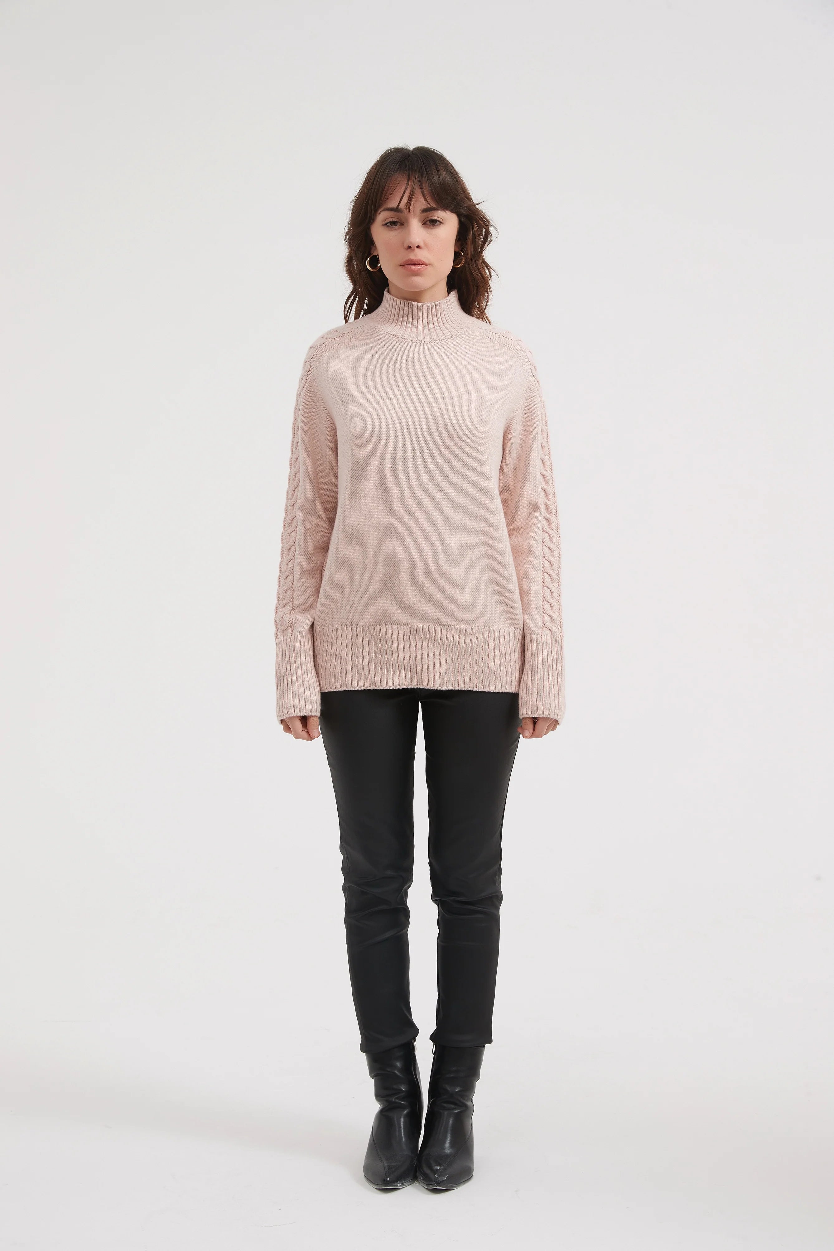 Champagne Knit Cable Sleeve Sweater - Elegant & Cozy Women's Pullover for Fall & Winter | Perfect for Office, Dates & Casual Outings