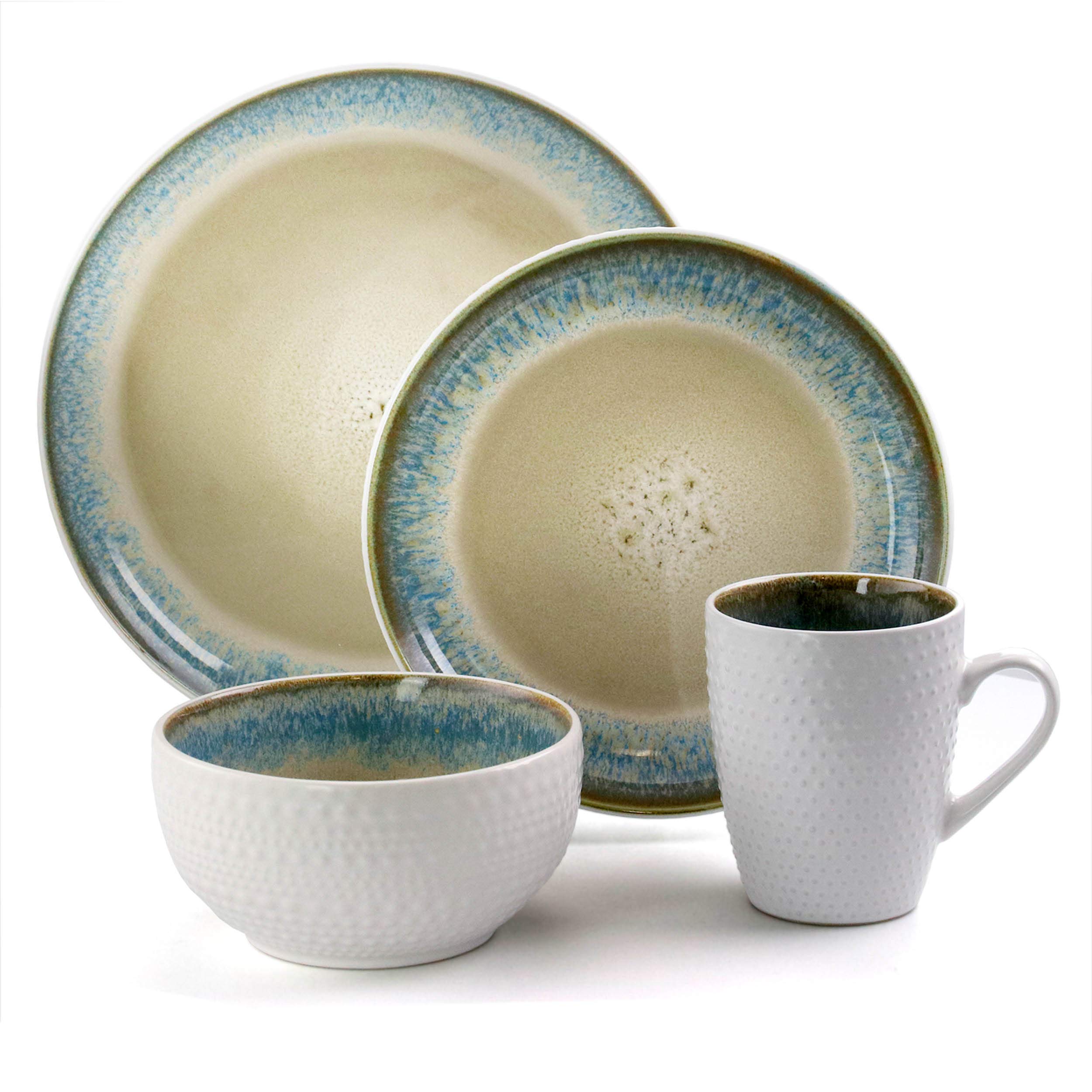 Elama 16-Piece Round Stoneware Dinnerware Set - Contemporary Warm Taupe with Blue Trim Plates & Bowls - Perfect for Everyday Dining & Dinner Parties