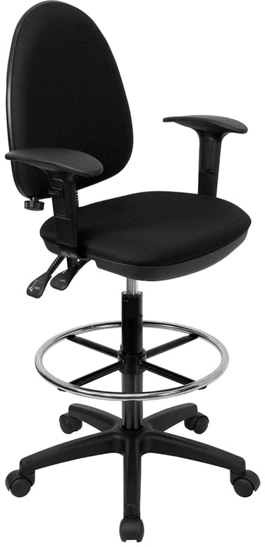 FLASH Mid Back Black Fabric Ergonomic Drafting Chair with Adjustable Lumbar Support - Multifunctional Office Chair for Architects, Designers & Home Office Use