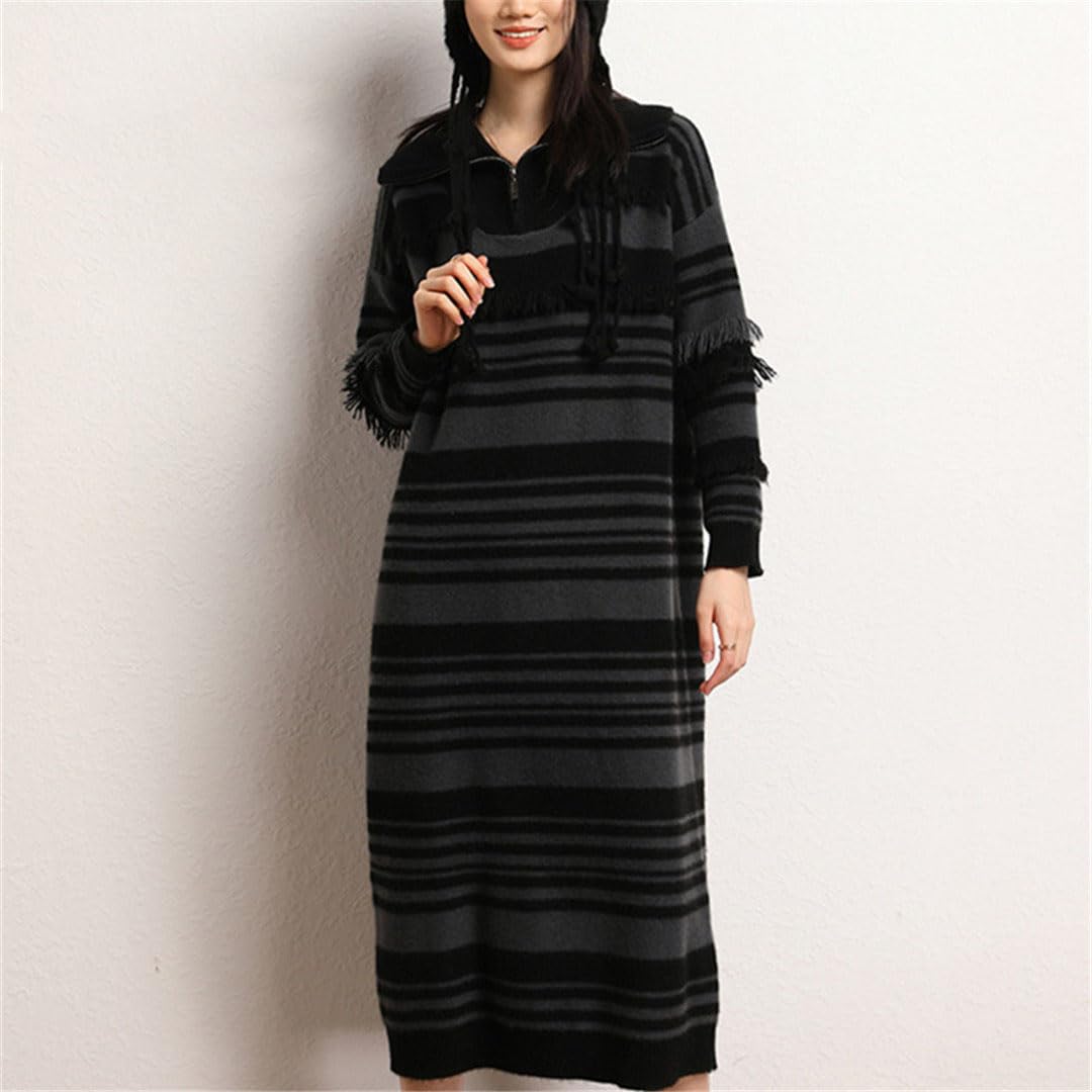Women's Cashmere Sweater & Long Skirt Set - Striped Knit Dress for Autumn Winter - Plus Size Loose Fit Cozy Outfit for Casual Wear, Office & Date Nights