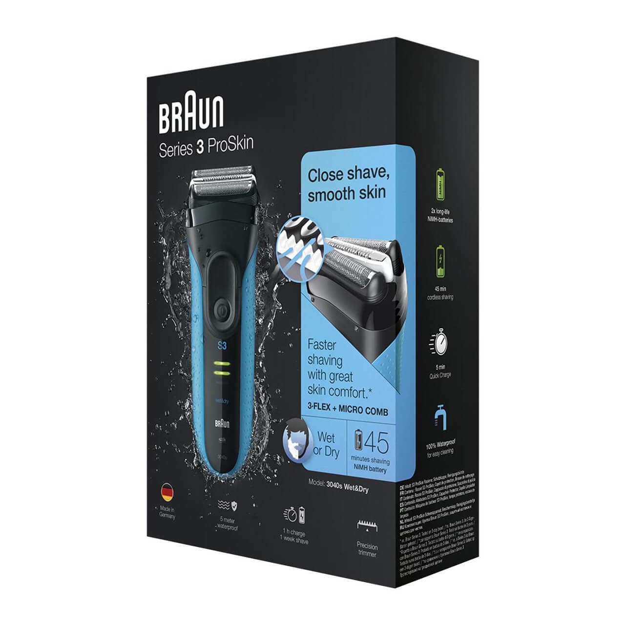 Braun Series 3 ProSkin 3040s Electric Shaver for Men - Wet & Dry Cordless Razor with Precision Trimmer - Perfect for Travel, Home & Gym Use