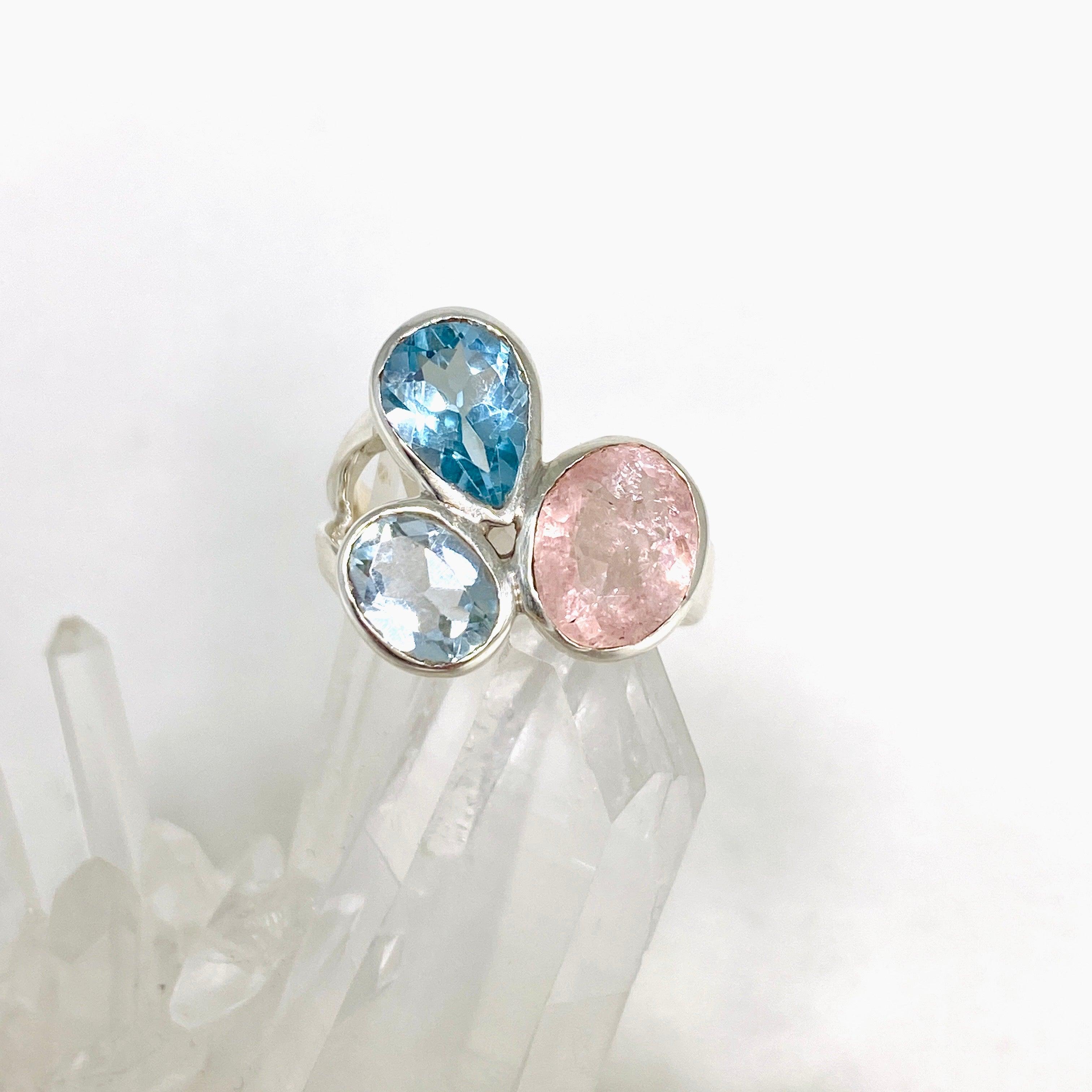 Morganite & Blue Topaz Faceted Multi-Stone Ring - Size 7 | Elegant Birthstone Jewelry for Women | Perfect for Anniversaries, Engagements & Special Occasions