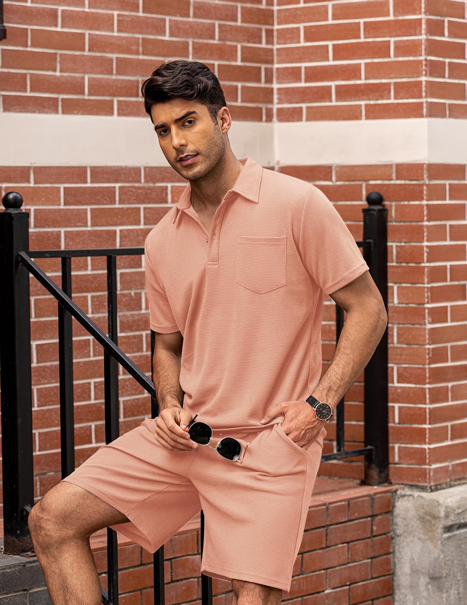 COOFANDY Men's Waffle Knit Polo Shirt & Shorts Set - 2 Piece Summer Casual Outfit with Pockets | Breathable Lounge Wear for Beach, Vacation & Everyday Comfort