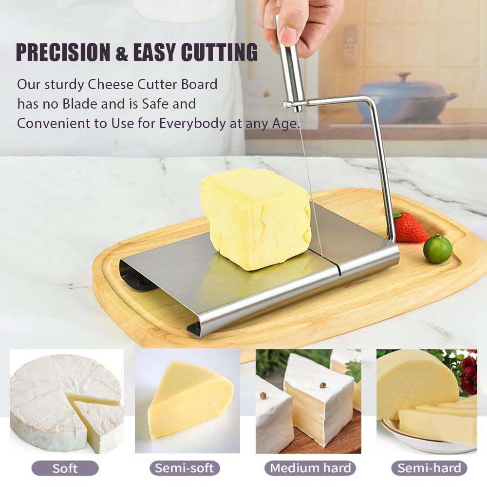 Premium Stainless Steel Cheese Slicer with 5 Replacement Wires - Adjustable Handheld Cheese Cutter for Block Cheese - Includes Cutting Board - Perfect for Kitchen, Party Platters & Charcuterie Boards