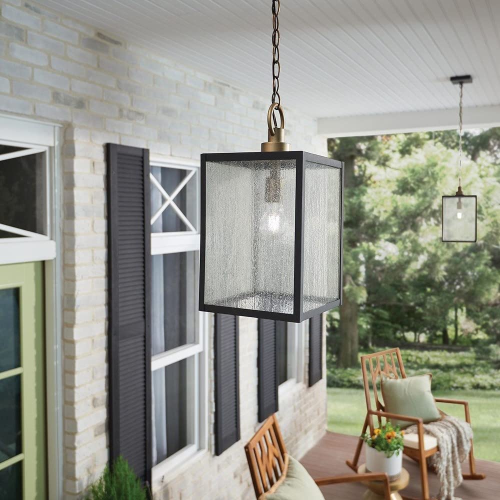Farmhouse Square Pendant Light Fixture with Clear Seeded Glass & Weathered Zinc Finish - Vintage Industrial Ceiling Light for Kitchen Island, Dining Room, or Entryway