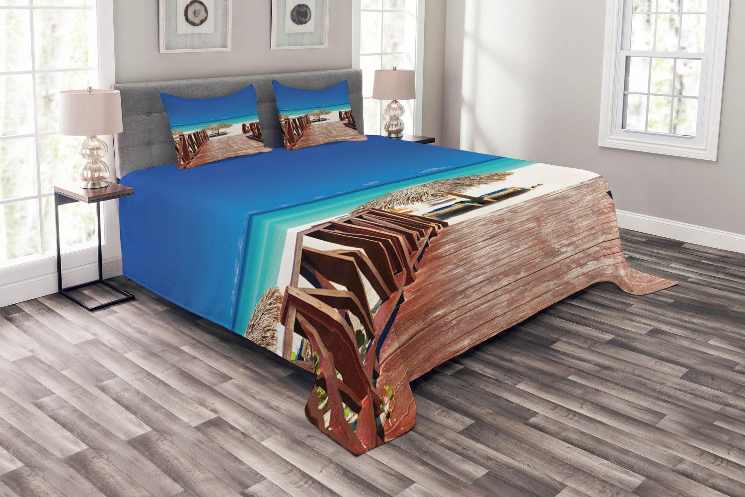 Ambesonne Beach Bedspread Set - King Size 3-Piece Coastal Bedding with 2 Pillow Shams | Tropical Cuba Summer Design in Chocolate Navy Turquoise | Perfect for Beach House Decor, Vacation Rental Bedrooms & Coastal Themed Master Suites