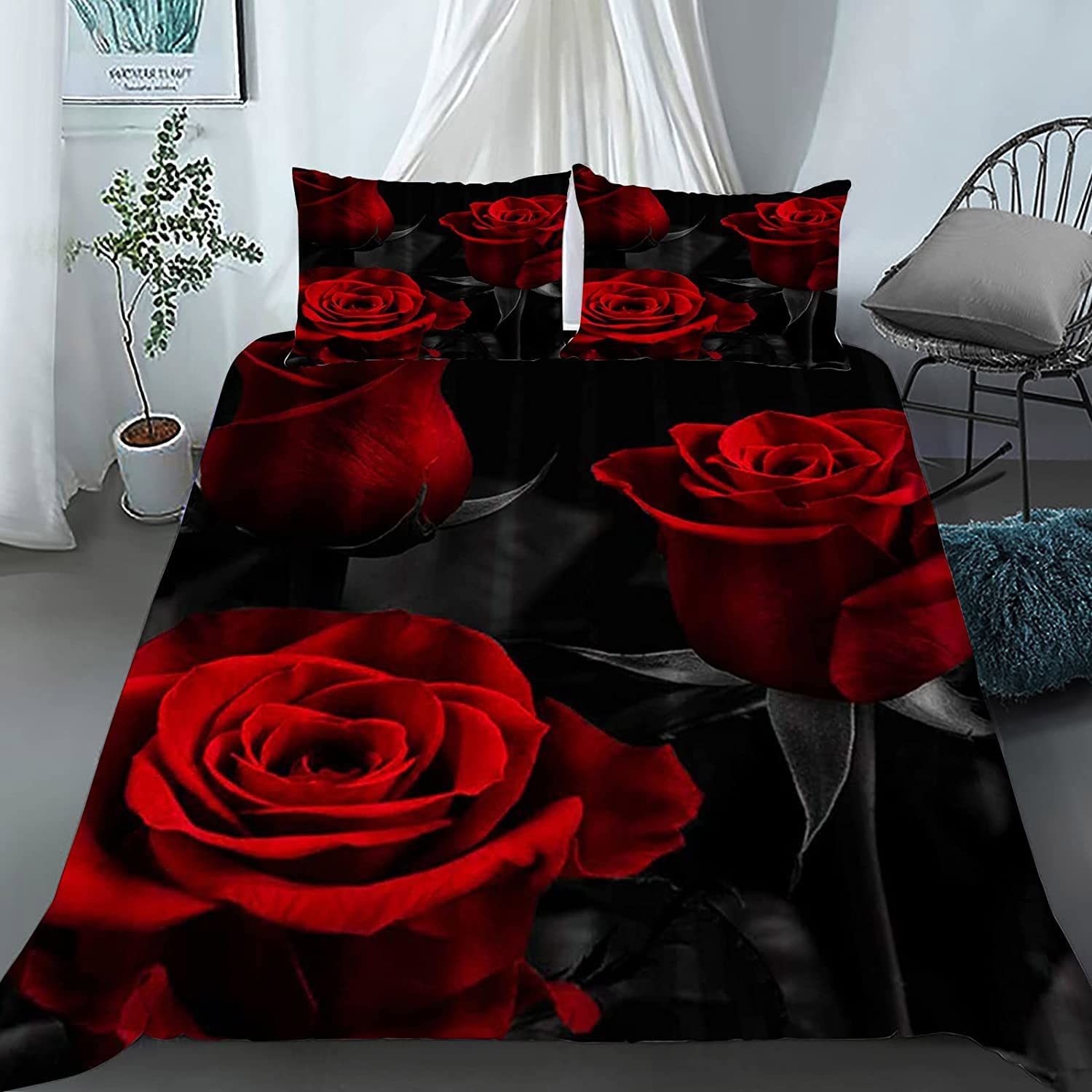 MrLYouth Red Rose Duvet Cover Set - Full Size 3D Printed Floral Bedding with 2 Pillowcases | Elegant Rose Pattern Bedroom Decor for Romantic & Vintage Style Home
