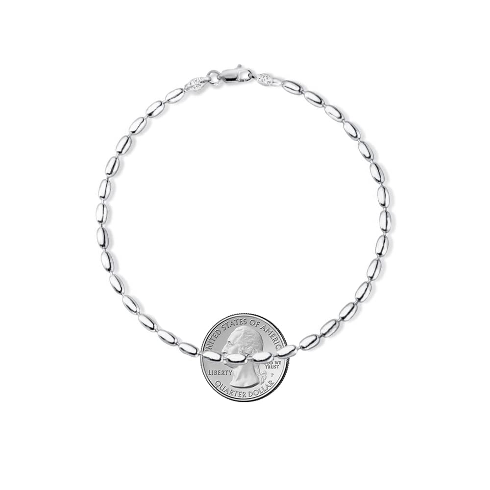 Savlano 925 Sterling Silver Oval Rice Bead Strand Chain Anklet for Women - Italian Made, Gift Box Included | Elegant Ankle Bracelet for Everyday Wear, Beach Vacation & Special Occasions