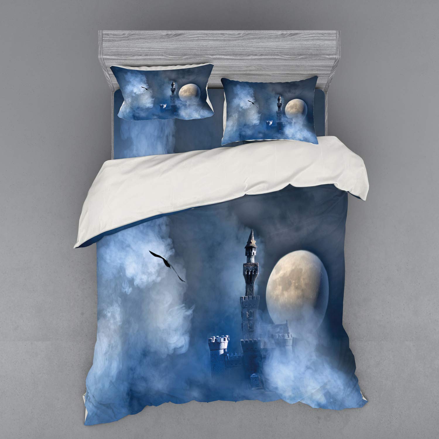 Ambesonne Gothic Fantasy Bedding Set - Queen Size 4-Piece Duvet Cover with Shams & Fitted Sheet, Dark Blue Castle on Clouds Moon Night Medieval Theme | Perfect for Gothic Bedroom Decor, Halloween Party & Dark Fantasy Lovers