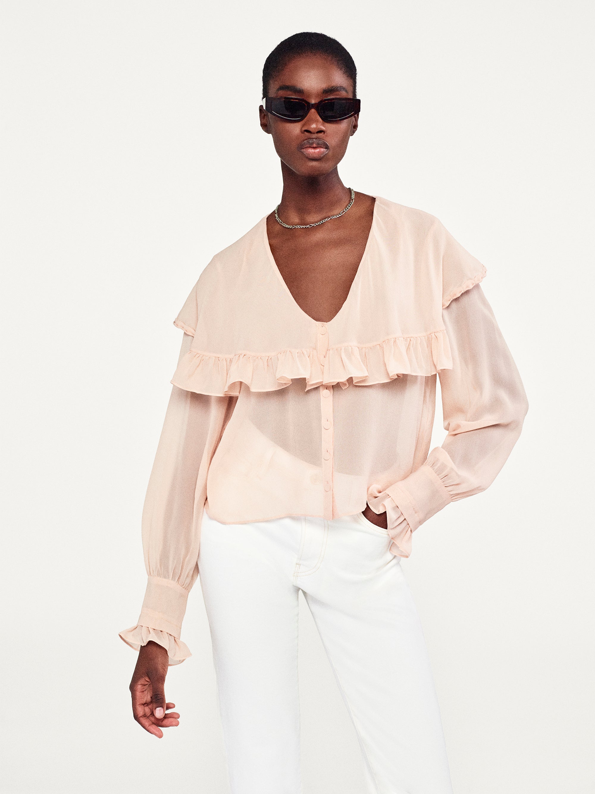 Sheer Ruffle Blouse for Women - Light Petal Pink Flowy Top - Perfect for Spring Outfits, Date Nights & Office Wear