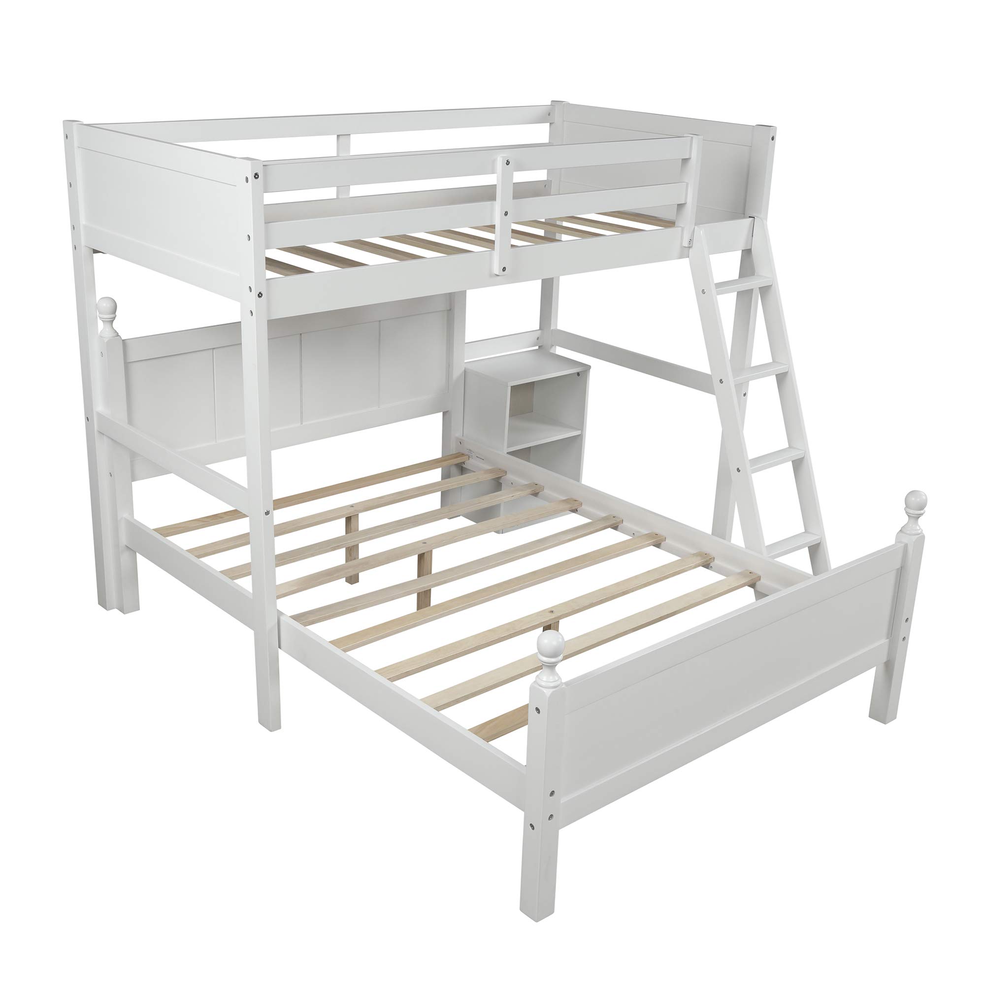 Twin Over Full Bunk Bed with Cabinet & Safety Rail - Solid Wood Loft Bed Frame for Kids - Space-Saving 2-in-1 Independent Beds - Perfect for Small Bedrooms, Guest Rooms & Kids' Shared Spaces (White)