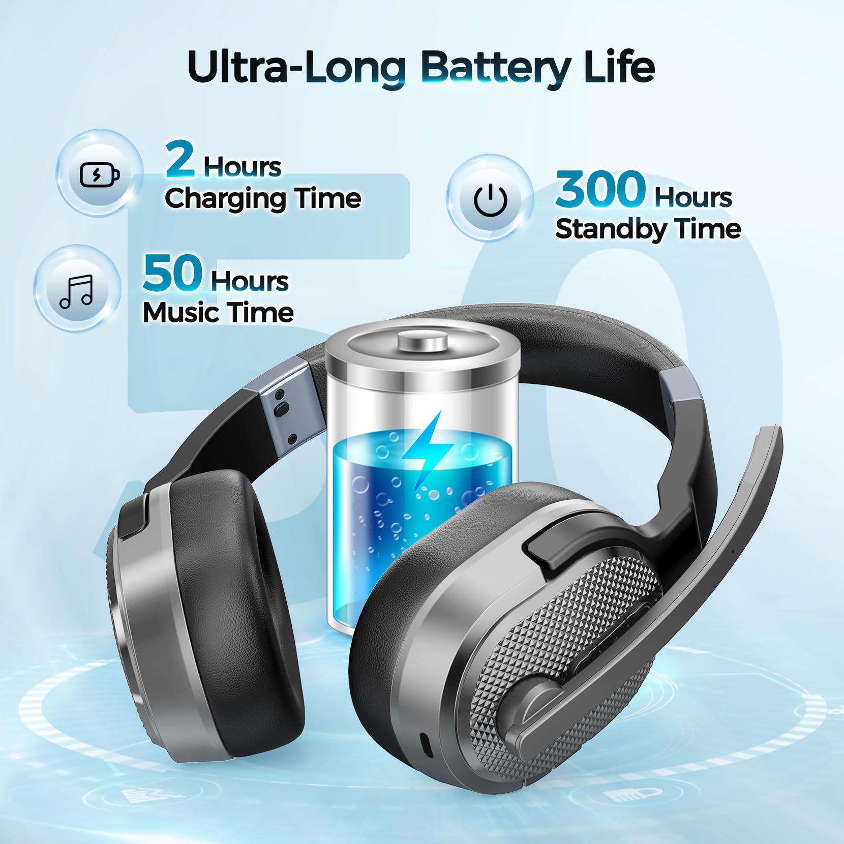 Wireless Bluetooth Headset with Noise Cancelling Microphone - 50+ Hours HD Talk Time, Detachable Earpad, Single/Dual Mode - Perfect for Truck Drivers, Office Work, Home Use & Long Driving Sessions (Silver)
