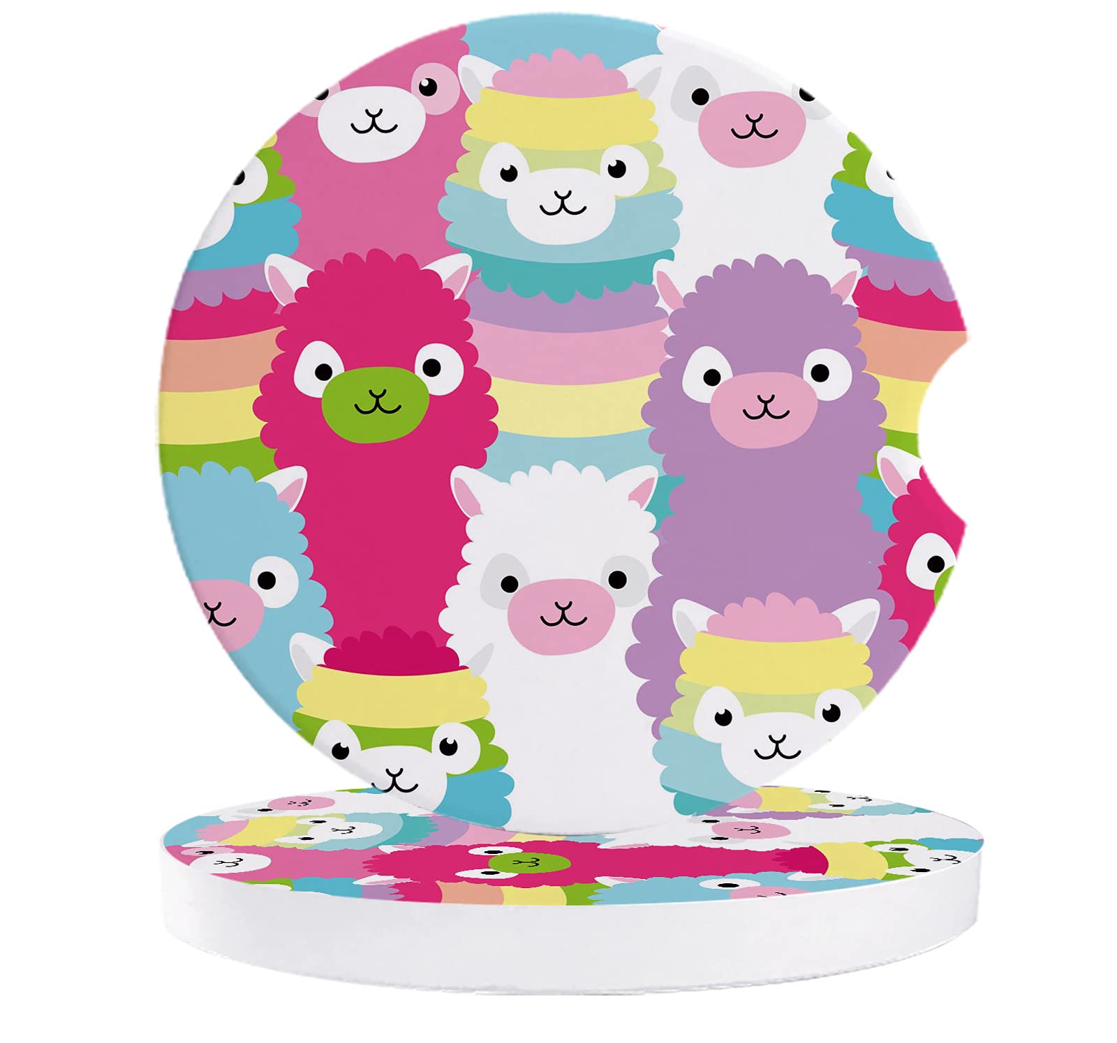 Set of 6 Absorbent Ceramic Car Cup Coasters - Colorful Alpaca Rainbow Design, Non-Slip Cork Backing for Vehicle Drink Protection | Perfect for Coffee, Soda & Water Bottles in Cars, Trucks & SUVs