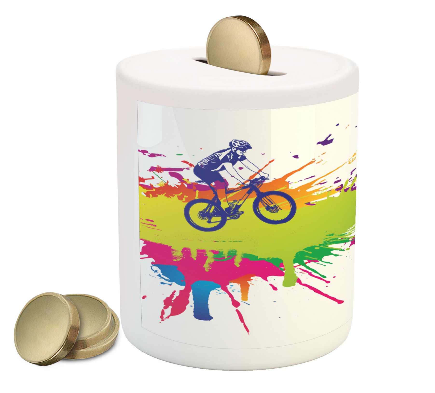 Colorful Piggy Bank - Printed Ceramic Coin Bank for Cash Saving | Let's Ride Bicycle & Biker Design | Money Box for Kids & Adults | Perfect for Birthday Gifts, Home Decor & Financial Education