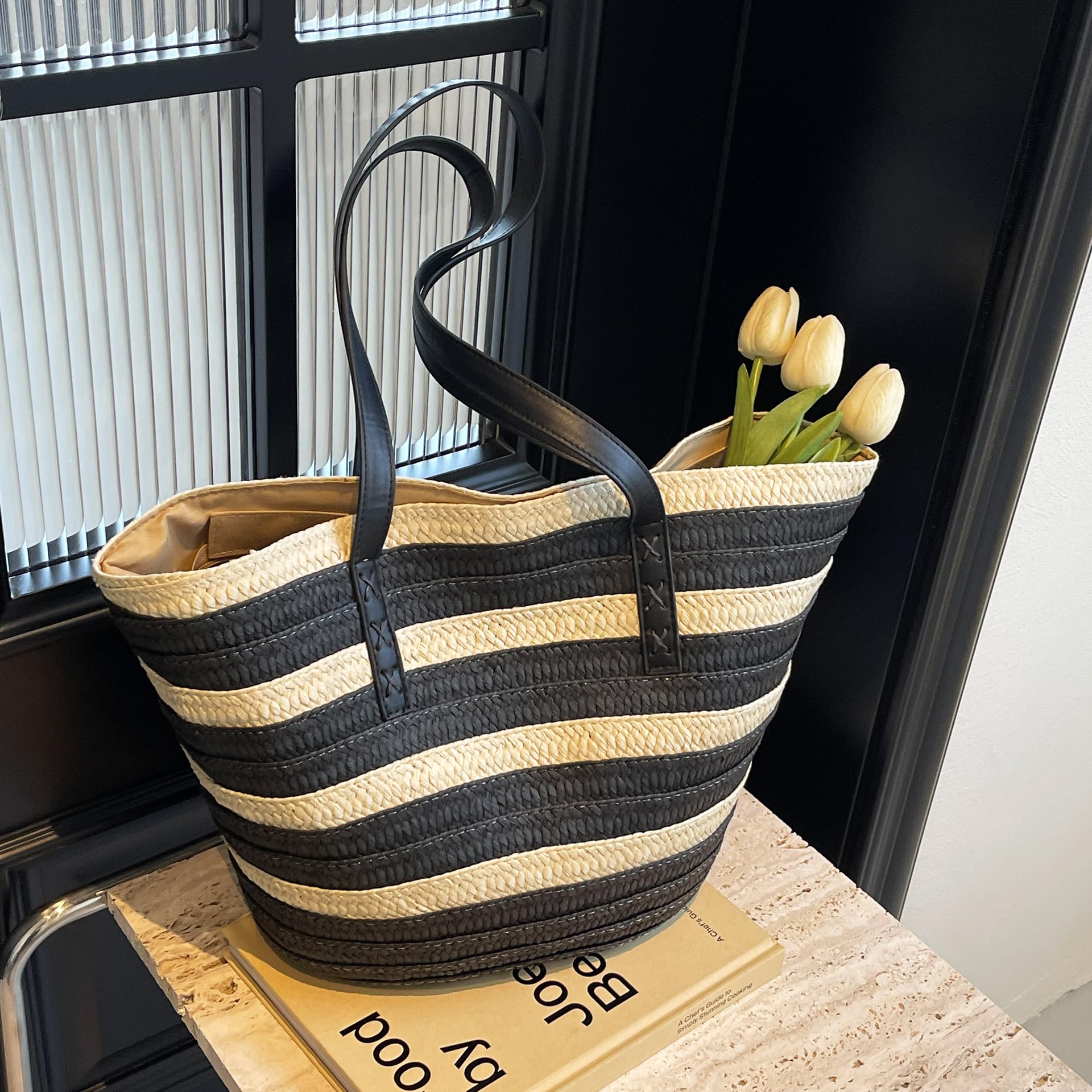 Rejolly Straw Tote Bag for Women - Large Woven Beach Bag with Zipper & Leather Handle - Perfect for Summer Vacation, Shopping, and Outdoor Activities