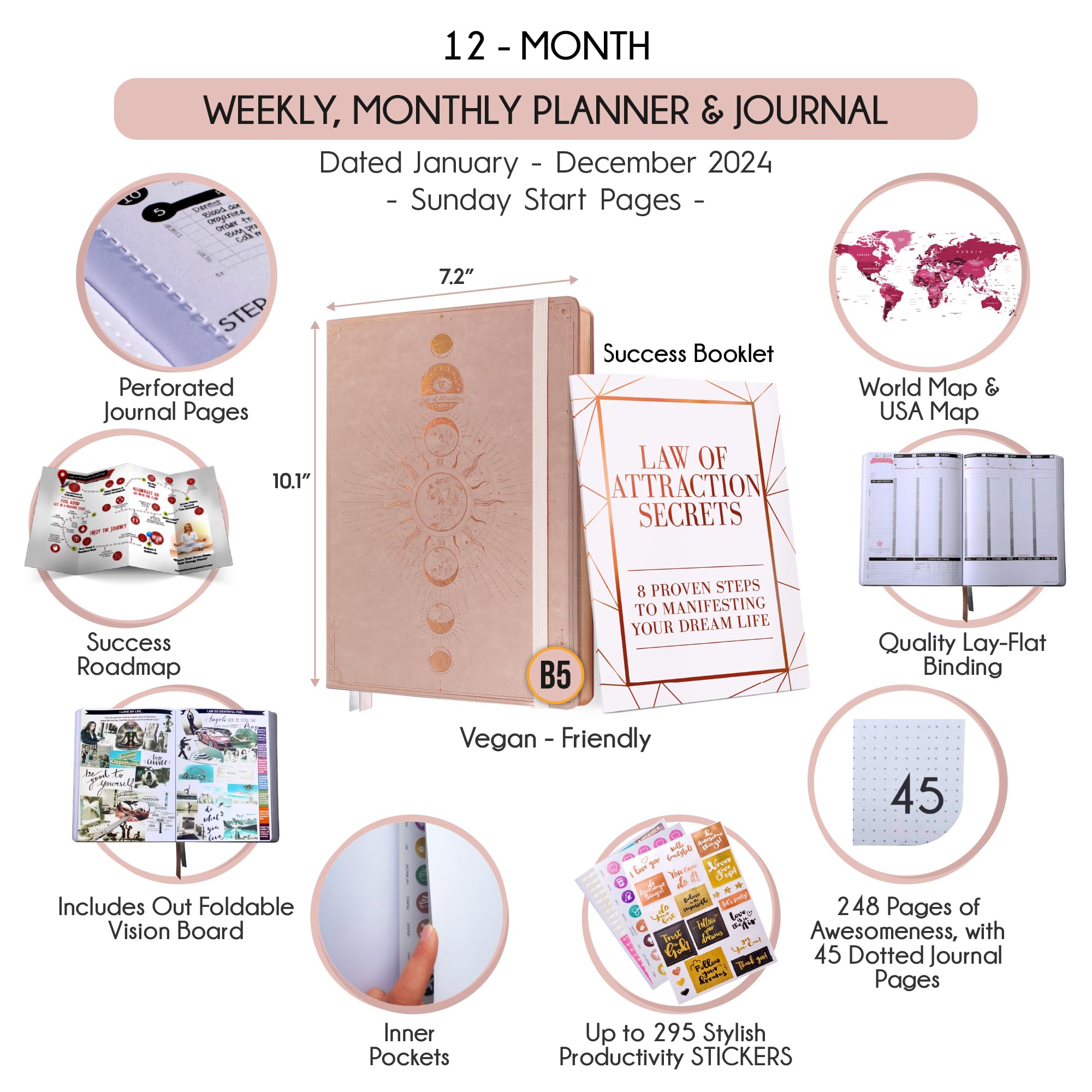 2025 Law of Attraction Planner - Productivity & Goal Setting Journal with Hourly, Weekly & Monthly Layouts | 12-Month Life Organizer with Gratitude Tracking, Foldable Vision Board, Stickers & Gift Box - Perfect for Manifestation, Self-Improvement & Daily Planning
