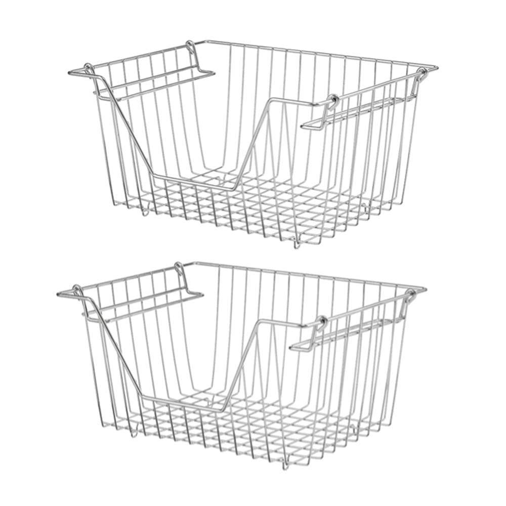 Slideep 12.2'' Large Stackable Storage Baskets - 2 Pack Metal Wire Cabinet Organizer for Pantry, Freezer, Bathroom & Kitchen - Durable Home Organization Bins for Shelves, Closets and Countertop Storage