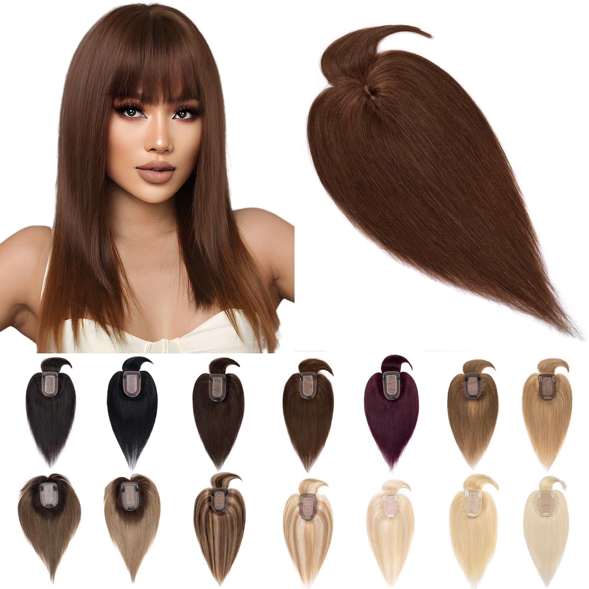 SEGO 10 Inch Medium Brown Human Hair Toppers for Women with Bangs - 7x13CM Silk Base, 100% Remy Clip-in Top Wiglet for Thinning Hair | Perfect for Daily Wear, Parties & Special Occasions