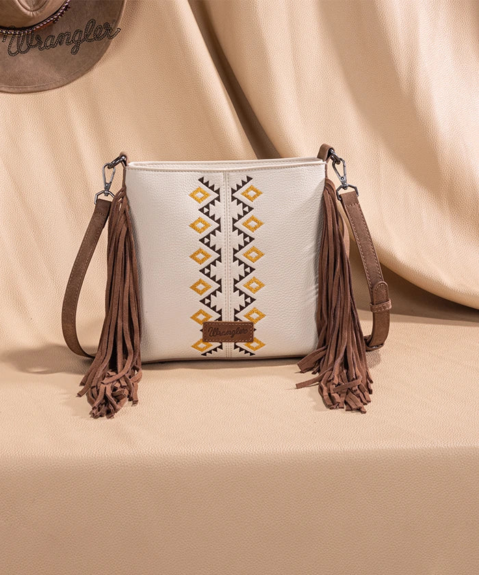 Wrangler Aztec Embroidered Fringe Crossbody Bag for Women - Boho Chic Handbag Perfect for Music Festivals & Everyday Use