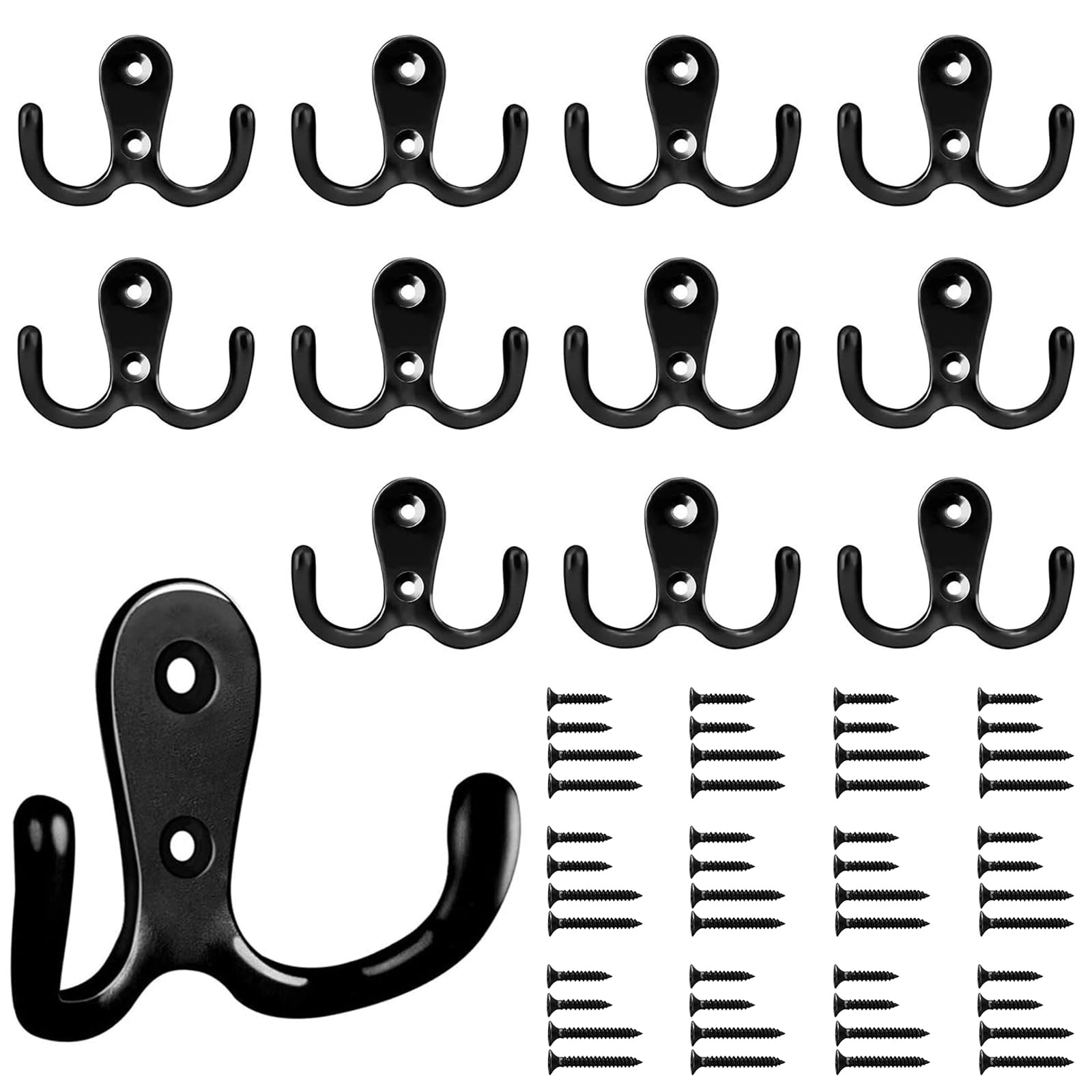 12 Pack Double Wall Hooks - Vintage Metal Coat Hooks with 48 Screws - Heavy Duty Retro Hooks for Bathroom, Kitchen, Closet & Entryway Organization (Black)