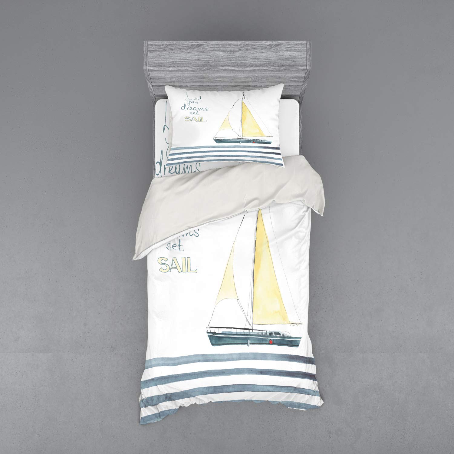 Ambesonne Nautical Bedding Set - 3 Piece Duvet Cover with Sham & Fitted Sheet, Twin XL Size, Pale Blue & White Stripes, Yacht & Navigation Theme | Perfect for Coastal Bedrooms, Beach House Decor, or Nautical Themed Guest Rooms